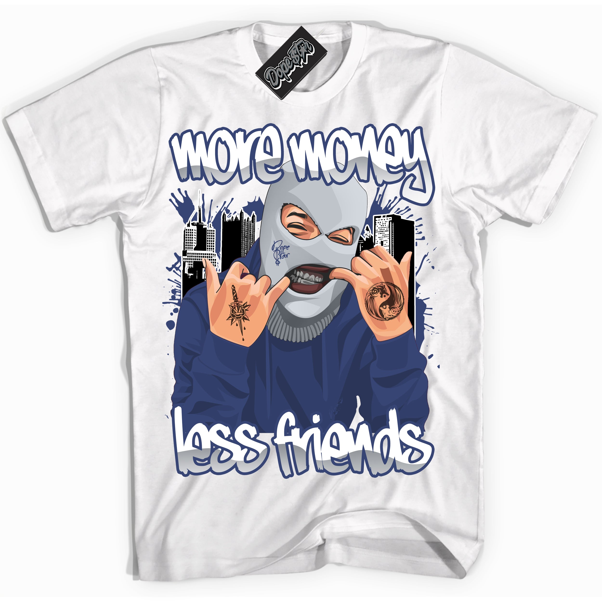 AJ3 Retro Midnight Navy 'More Money Less Friends' Shirt - White Streetwear Mockup | Sneakerhead T-shirt Matching Midnight Navy AJ3 Retro | Jordan 3 Retro Midnight Navy Shirt for Men & Women | Matching outfits with your Midnight Navy 3s Kicks | Sneakerhead Fashion Must-Have.