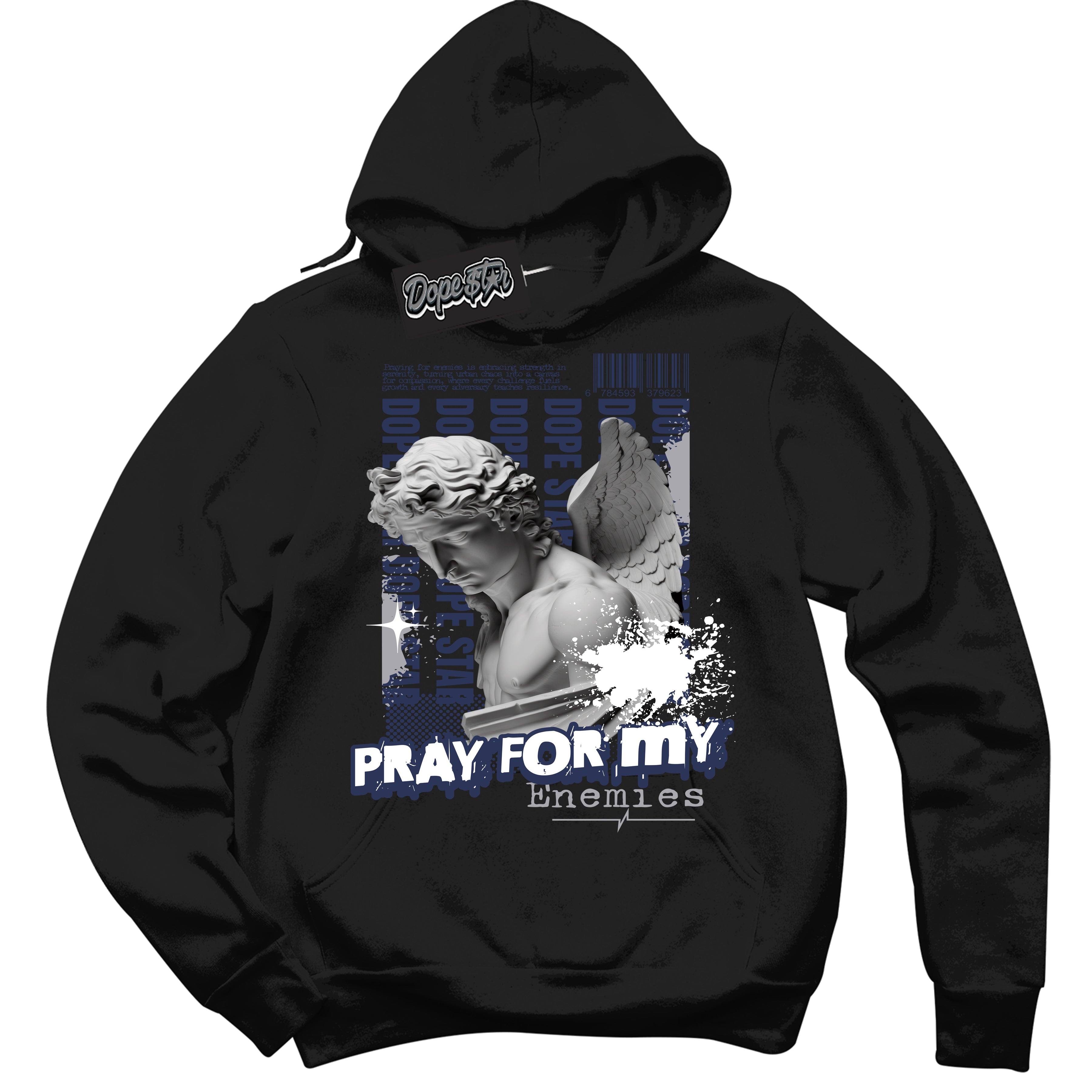 AJ3 Retro Midnight Navy 'Pray Enemies' Hoodie- Black Streetwear Mockup | Sneakerhead Hoodie Matching Midnight Navy AJ3 Retro | Jordan 3 Retro Midnight Navy hoodie for Men & Women | Matching outfits with your Midnight Navy 3s Kicks | Sneakerhead Fashion Must-Have.