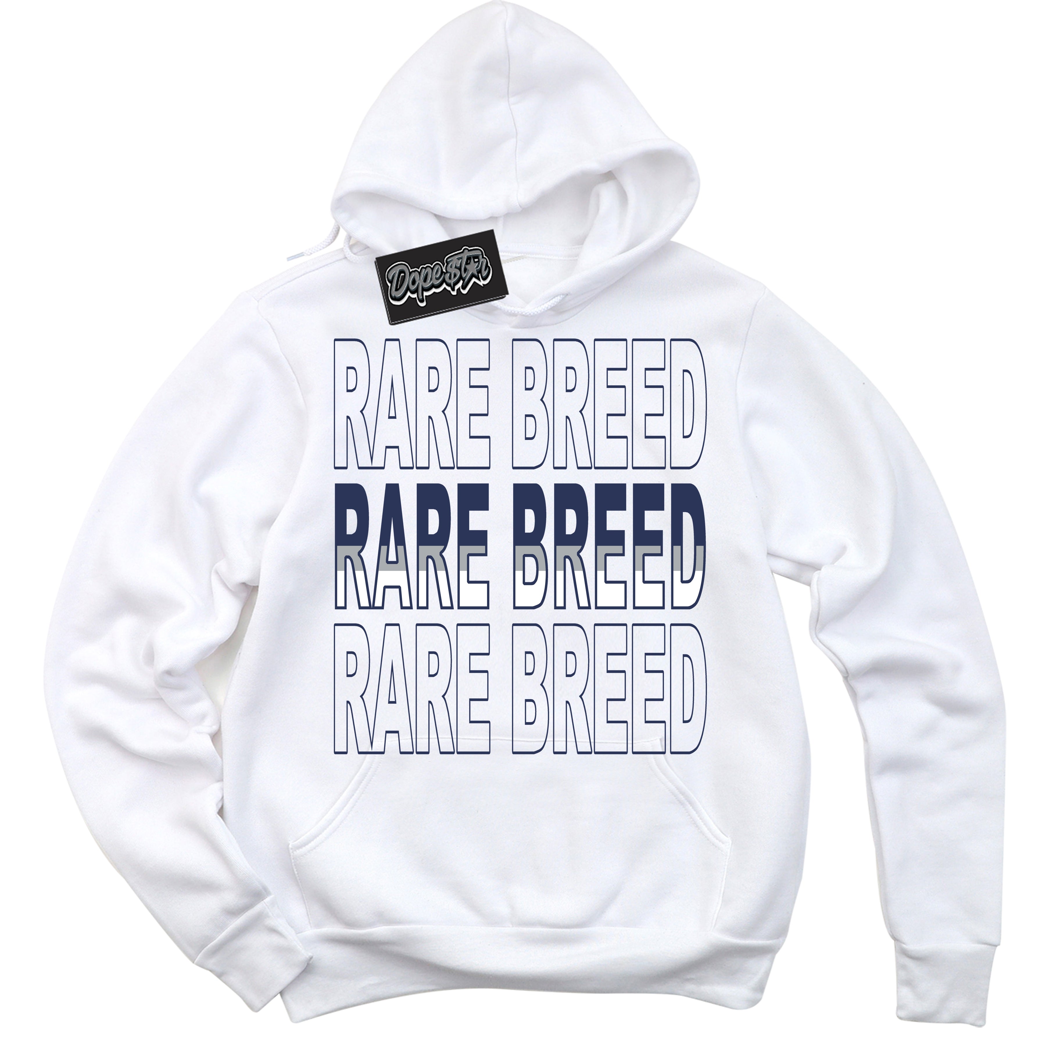 AJ3 Retro Midnight Navy 'Rare Breed' Hoodie- White Streetwear Mockup | Sneakerhead Hoodie Matching Midnight Navy AJ3 Retro | Jordan 3 Retro Midnight Navy hoodie for Men & Women | Matching outfits with your Midnight Navy 3s Kicks | Sneakerhead Fashion Must-Have.