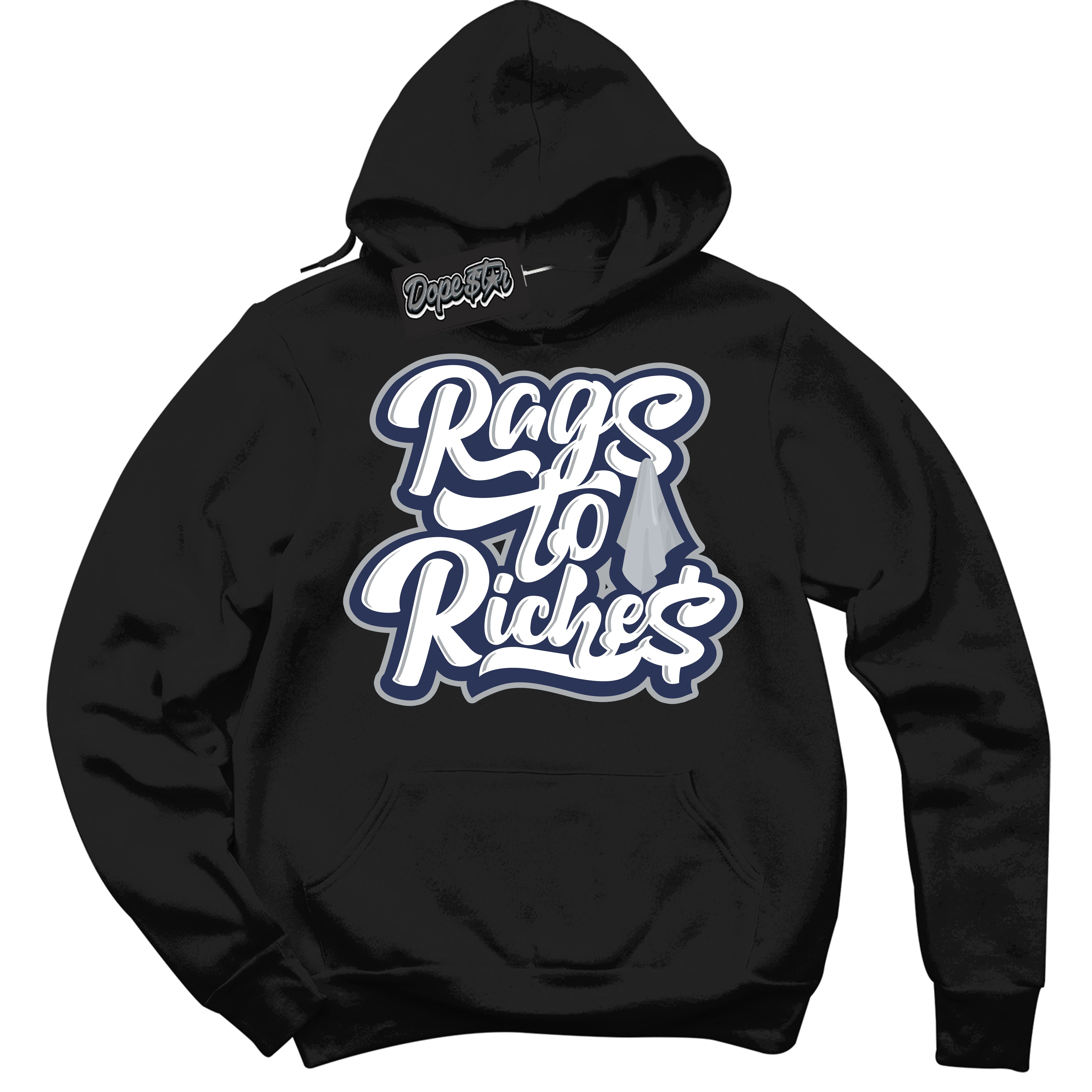 AJ3 Retro Midnight Navy 'Rags To Riches' Hoodie- Black Streetwear Mockup | Sneakerhead Hoodie Matching Midnight Navy AJ3 Retro | Jordan 3 Retro Midnight Navy hoodie for Men & Women | Matching outfits with your Midnight Navy 3s Kicks | Sneakerhead Fashion Must-Have.