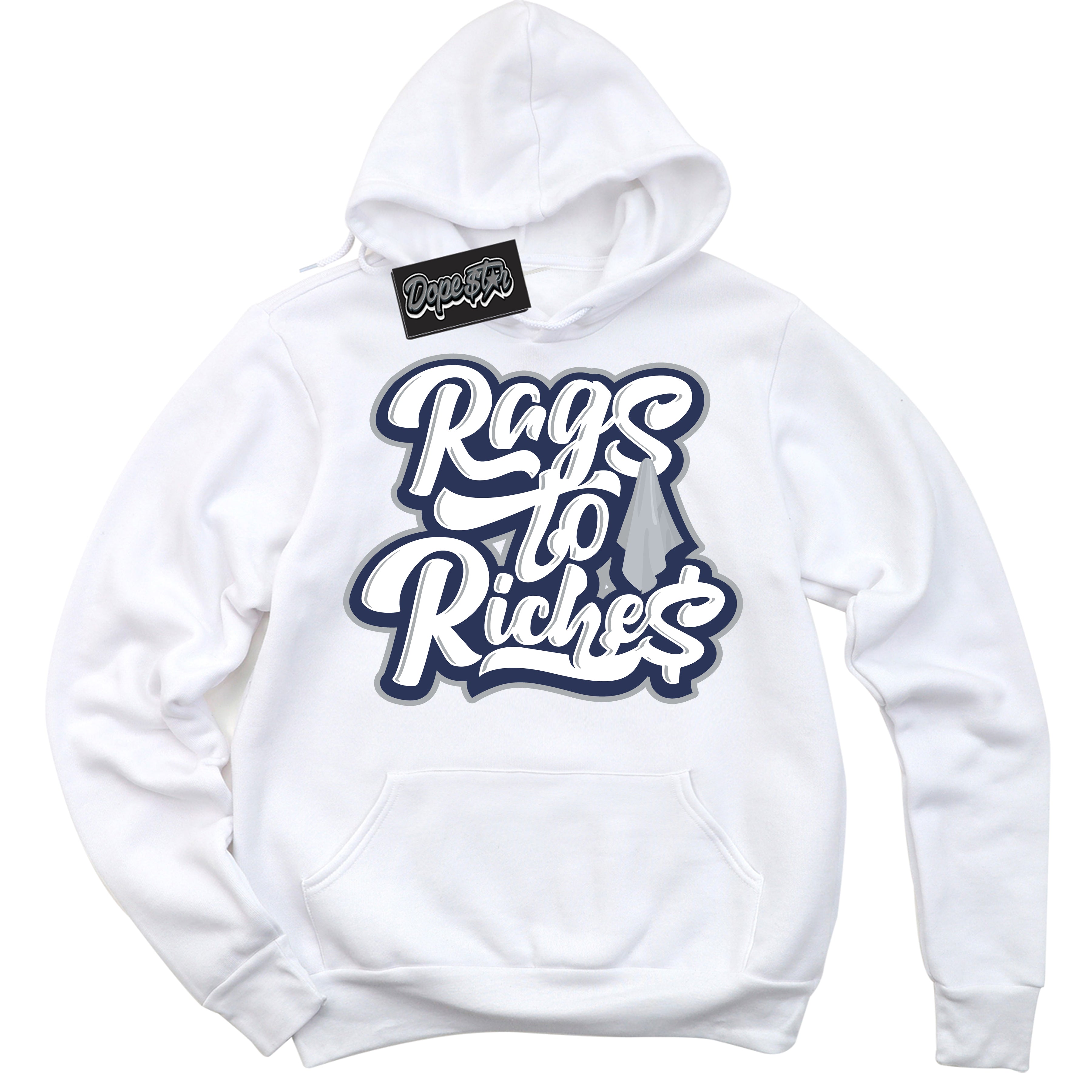 AJ3 Retro Midnight Navy 'Rags To Riches' Hoodie- White Streetwear Mockup | Sneakerhead Hoodie Matching Midnight Navy AJ3 Retro | Jordan 3 Retro Midnight Navy hoodie for Men & Women | Matching outfits with your Midnight Navy 3s Kicks | Sneakerhead Fashion Must-Have.