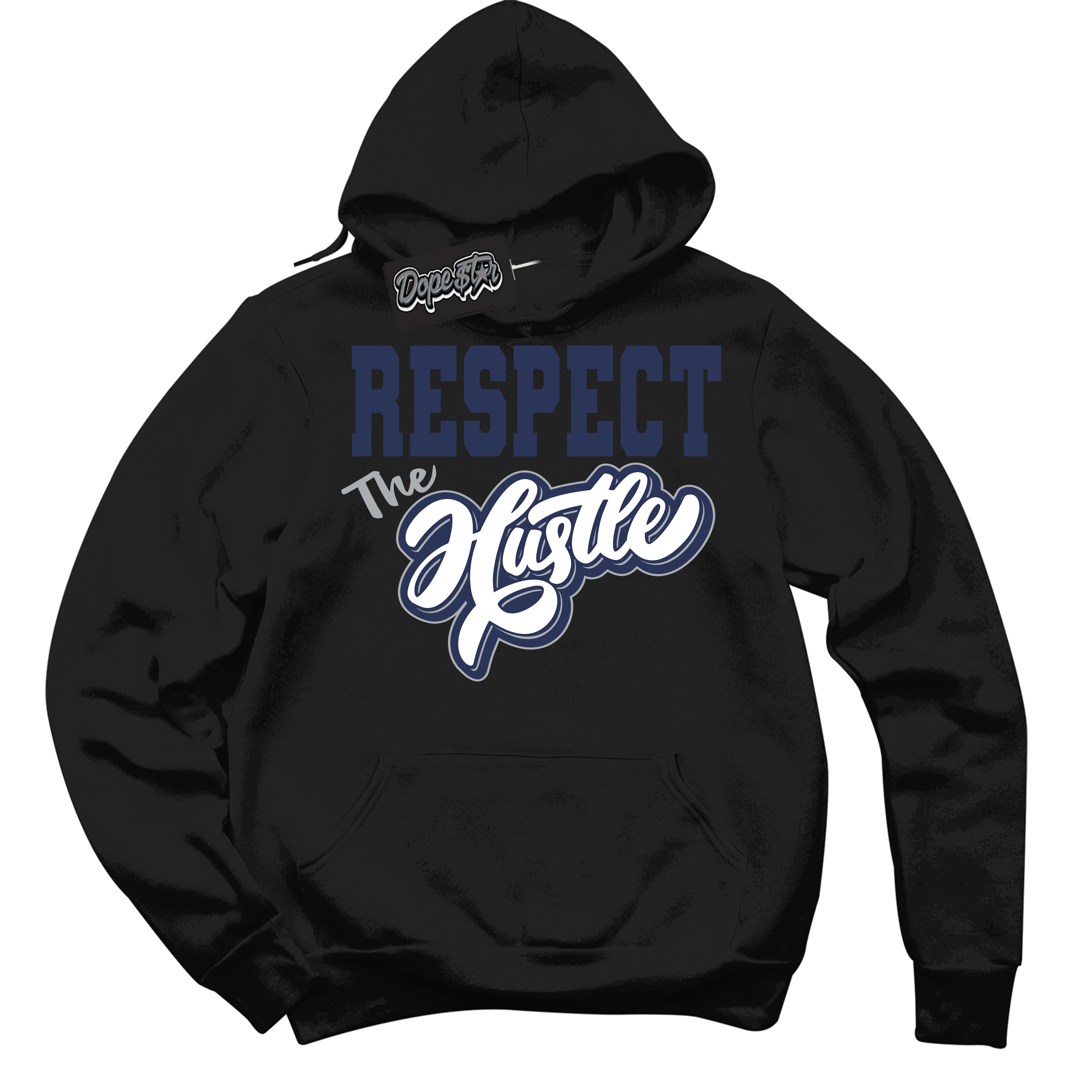 AJ3 Retro Midnight Navy 'Respect The Hustle' Hoodie- Black Streetwear Mockup | Sneakerhead Hoodie Matching Midnight Navy AJ3 Retro | Jordan 3 Retro Midnight Navy hoodie for Men & Women | Matching outfits with your Midnight Navy 3s Kicks | Sneakerhead Fashion Must-Have.