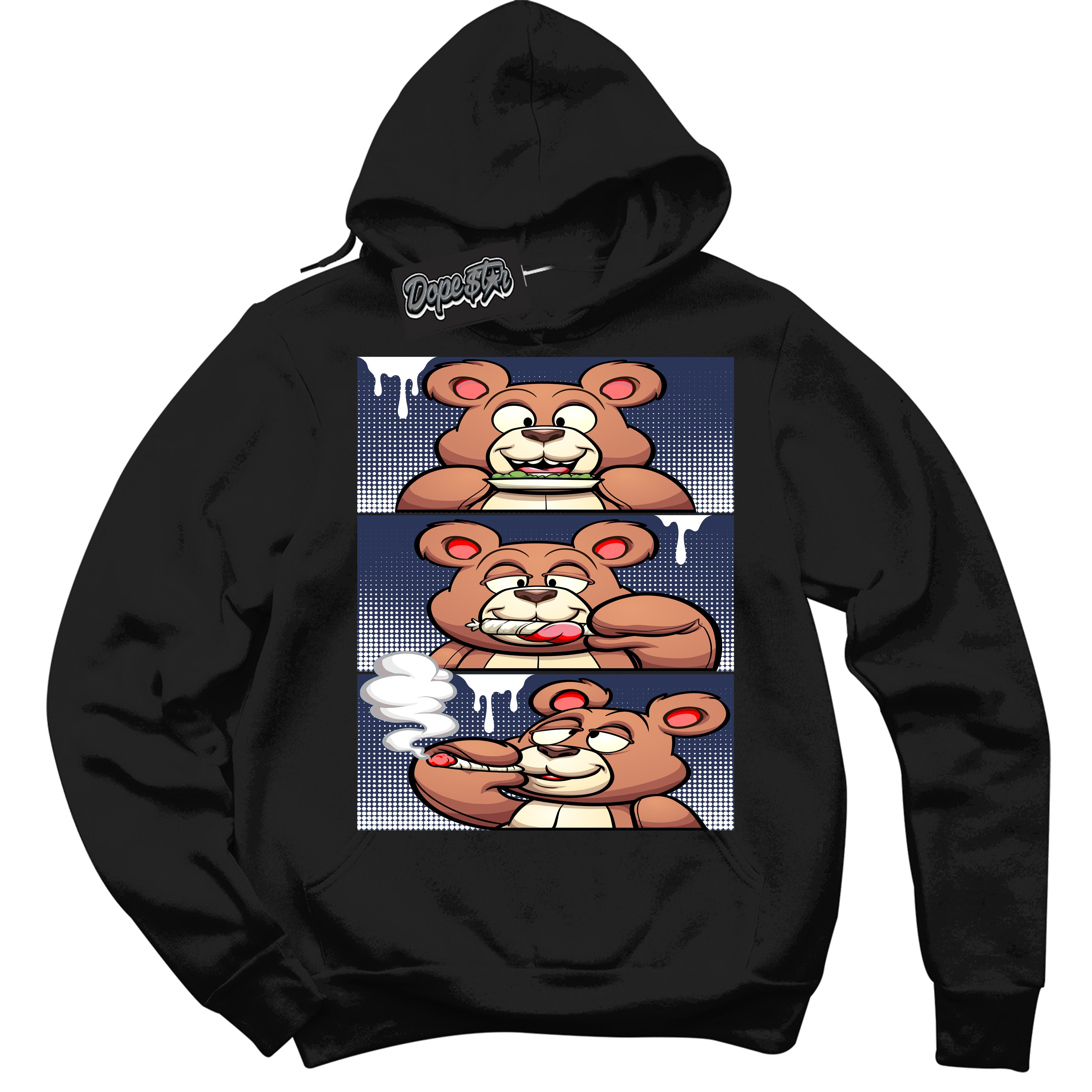 AJ3 Retro Midnight Navy 'Roll It Lick It Smoke It Bear' Hoodie- Black Streetwear Mockup | Sneakerhead Hoodie Matching Midnight Navy AJ3 Retro | Jordan 3 Retro Midnight Navy hoodie for Men & Women | Matching outfits with your Midnight Navy 3s Kicks | Sneakerhead Fashion Must-Have.