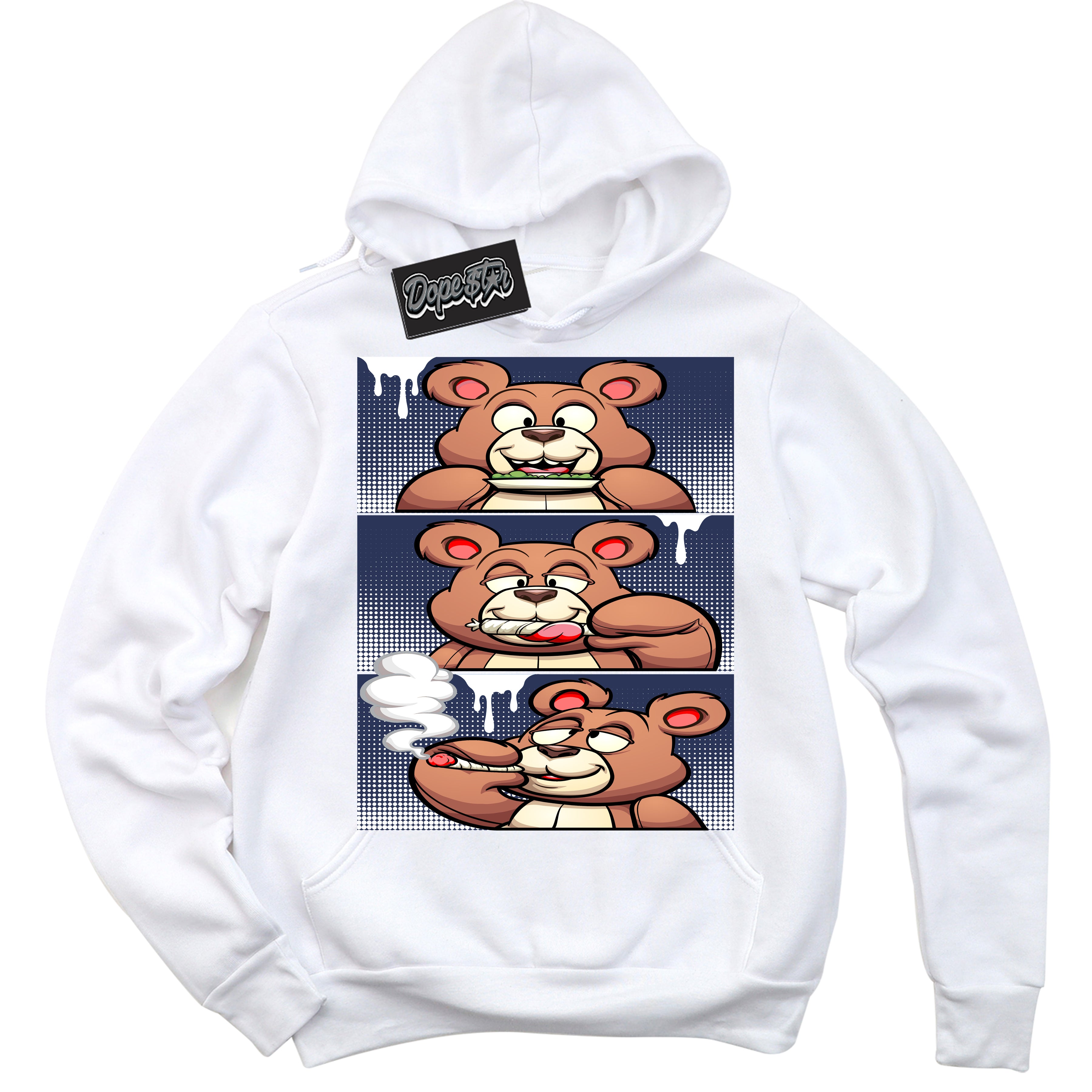 AJ3 Retro Midnight Navy 'Roll It Lick It Smoke It Bear' Hoodie- White Streetwear Mockup | Sneakerhead Hoodie Matching Midnight Navy AJ3 Retro | Jordan 3 Retro Midnight Navy hoodie for Men & Women | Matching outfits with your Midnight Navy 3s Kicks | Sneakerhead Fashion Must-Have.