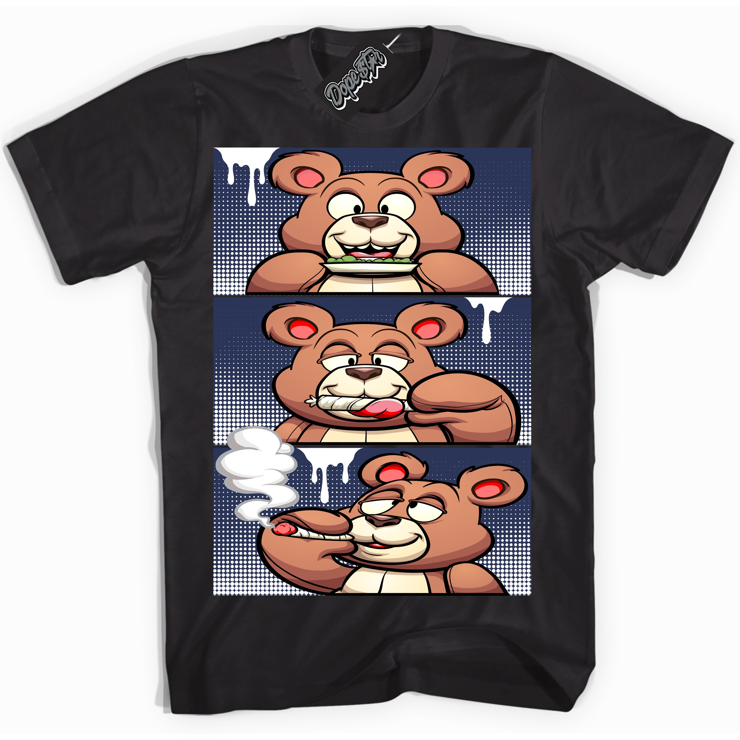 AJ3 Retro Midnight Navy 'Roll It Lick It Smoke It Bear' Shirt - Black Streetwear Mockup | Sneakerhead T-shirt Matching Midnight Navy AJ3 Retro| Jordan 3 Retro Midnight Navy Shirt for Men & Women | Matching outfits with your Midnight Navy 3s Kicks | Sneakerhead Fashion Must-Have.