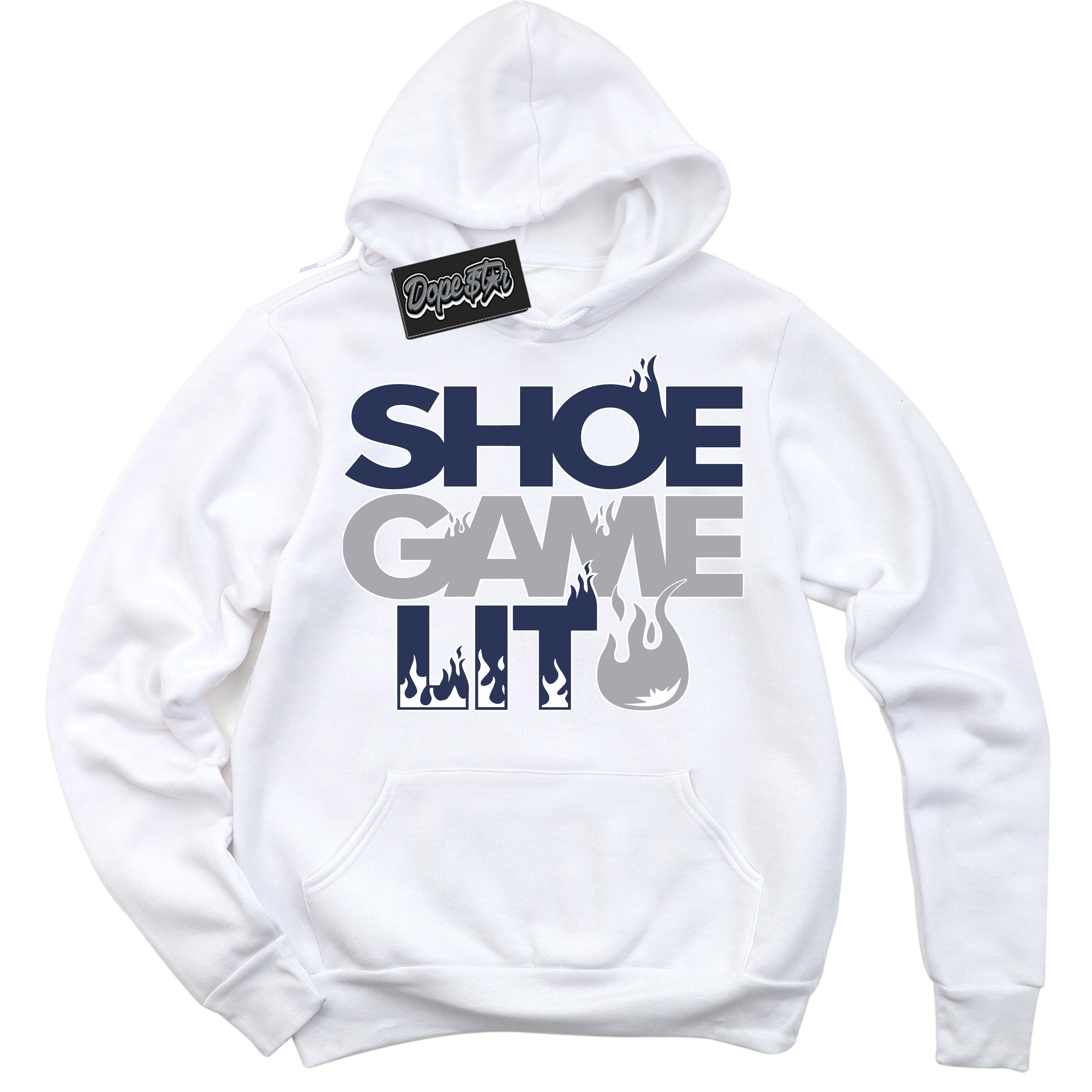 AJ3 Retro Midnight Navy 'Shoe Game Lit' Hoodie- White Streetwear Mockup | Sneakerhead Hoodie Matching Midnight Navy AJ3 Retro | Jordan 3 Retro Midnight Navy hoodie for Men & Women | Matching outfits with your Midnight Navy 3s Kicks | Sneakerhead Fashion Must-Have.