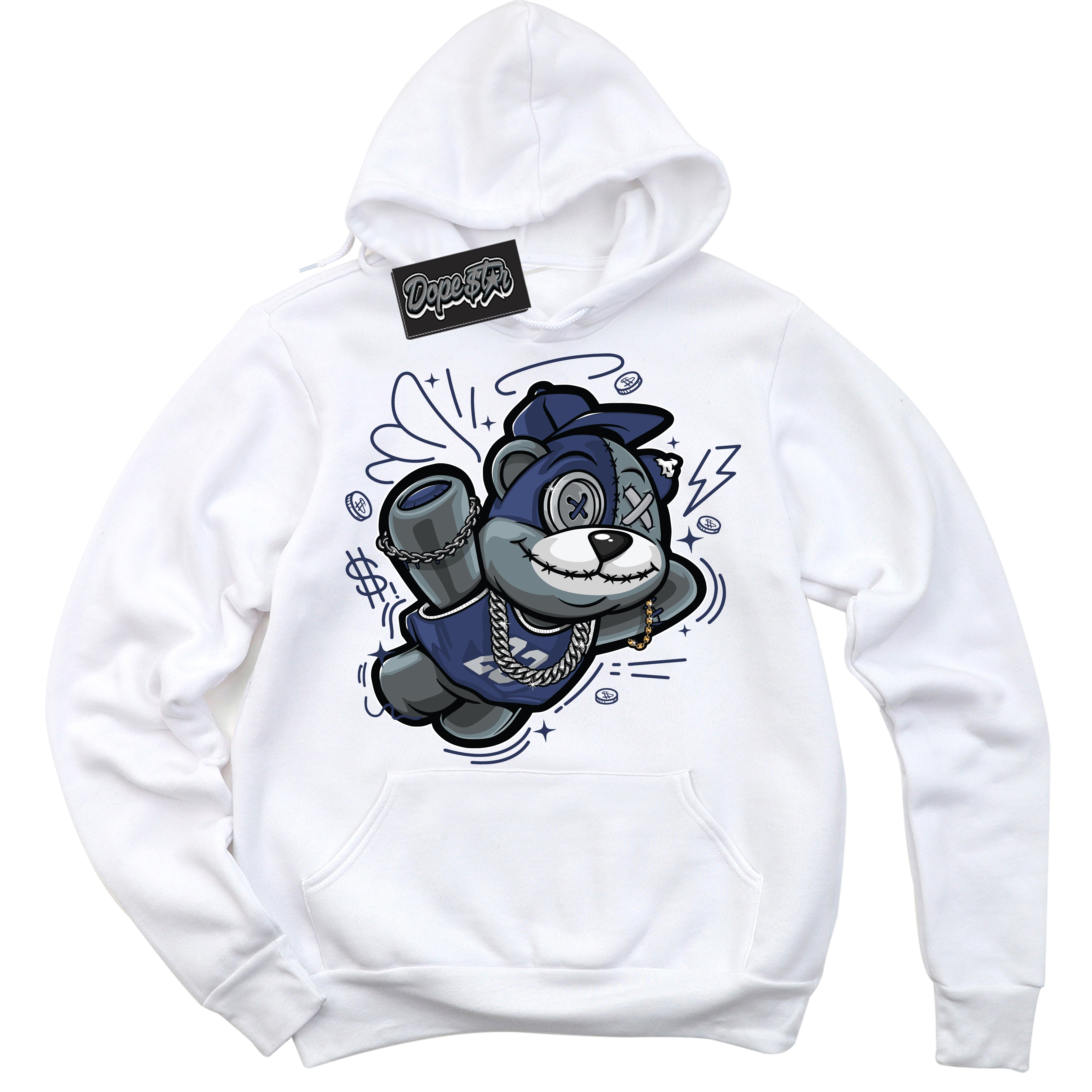 AJ3 Retro Midnight Navy 'Slam Dunk Bear' Hoodie- White Streetwear Mockup | Sneakerhead Hoodie Matching Midnight Navy AJ3 Retro | Jordan 3 Retro Midnight Navy hoodie for Men & Women | Matching outfits with your Midnight Navy 3s Kicks | Sneakerhead Fashion Must-Have.