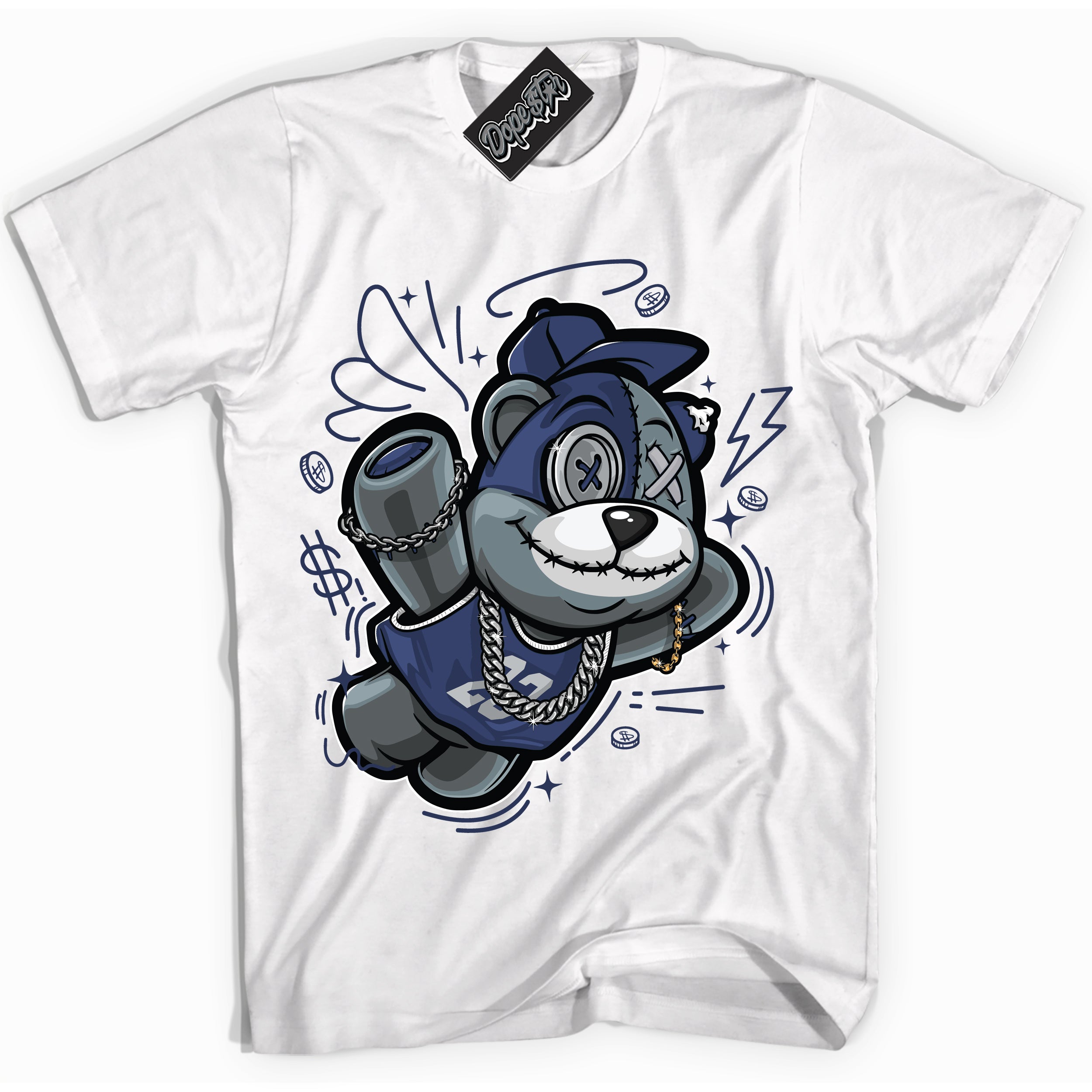 AJ3 Retro Midnight Navy 'Slam Dunk Bear' Shirt - White Streetwear Mockup | Sneakerhead T-shirt Matching Midnight Navy AJ3 Retro | Jordan 3 Retro Midnight Navy Shirt for Men & Women | Matching outfits with your Midnight Navy 3s Kicks | Sneakerhead Fashion Must-Have.