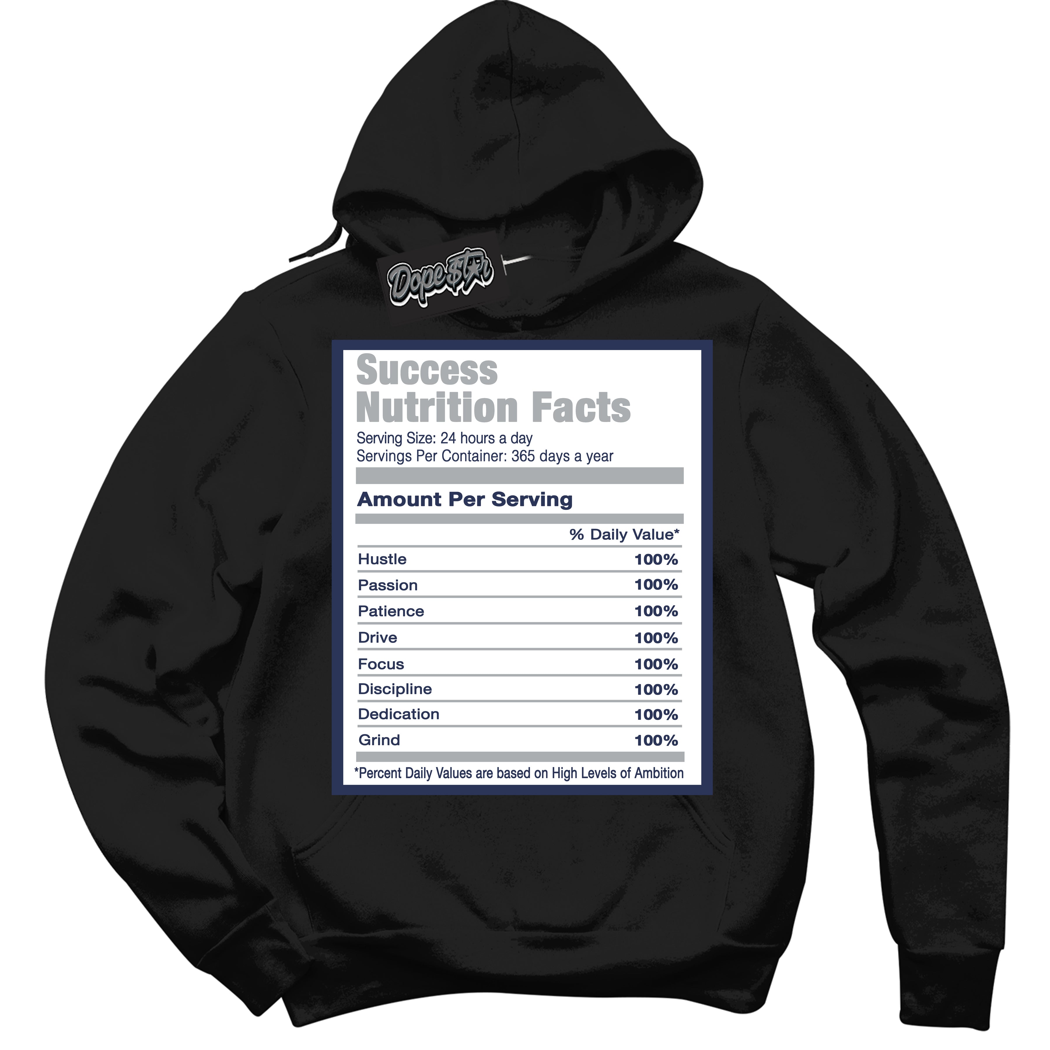 AJ3 Retro Midnight Navy 'Success Nutrition' Hoodie- Black Streetwear Mockup | Sneakerhead Hoodie Matching Midnight Navy AJ3 Retro | Jordan 3 Retro Midnight Navy hoodie for Men & Women | Matching outfits with your Midnight Navy 3s Kicks | Sneakerhead Fashion Must-Have.