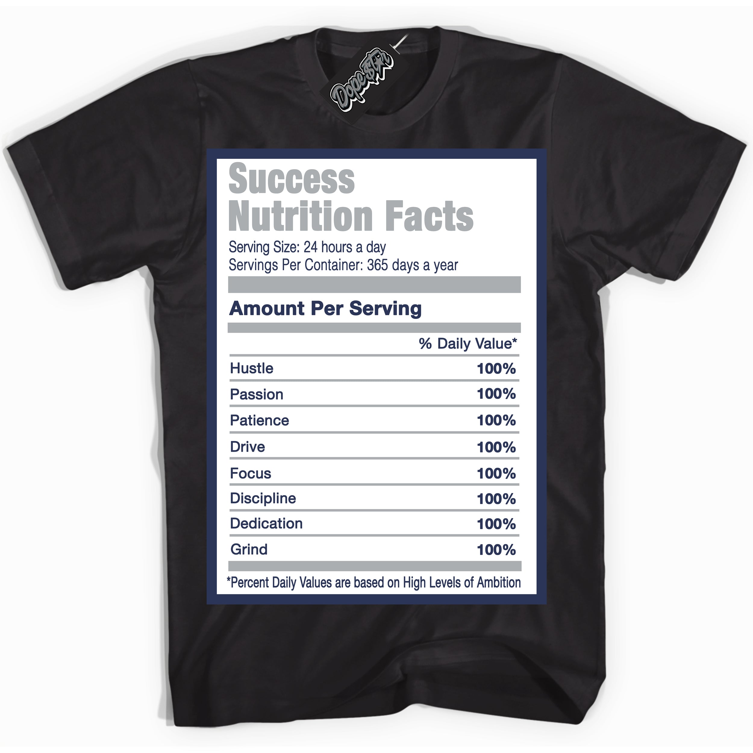 AJ3 Retro Midnight Navy 'Success Nutrition' Shirt - Black Streetwear Mockup | Sneakerhead T-shirt Matching Midnight Navy AJ3 Retro| Jordan 3 Retro Midnight Navy Shirt for Men & Women | Matching outfits with your Midnight Navy 3s Kicks | Sneakerhead Fashion Must-Have.