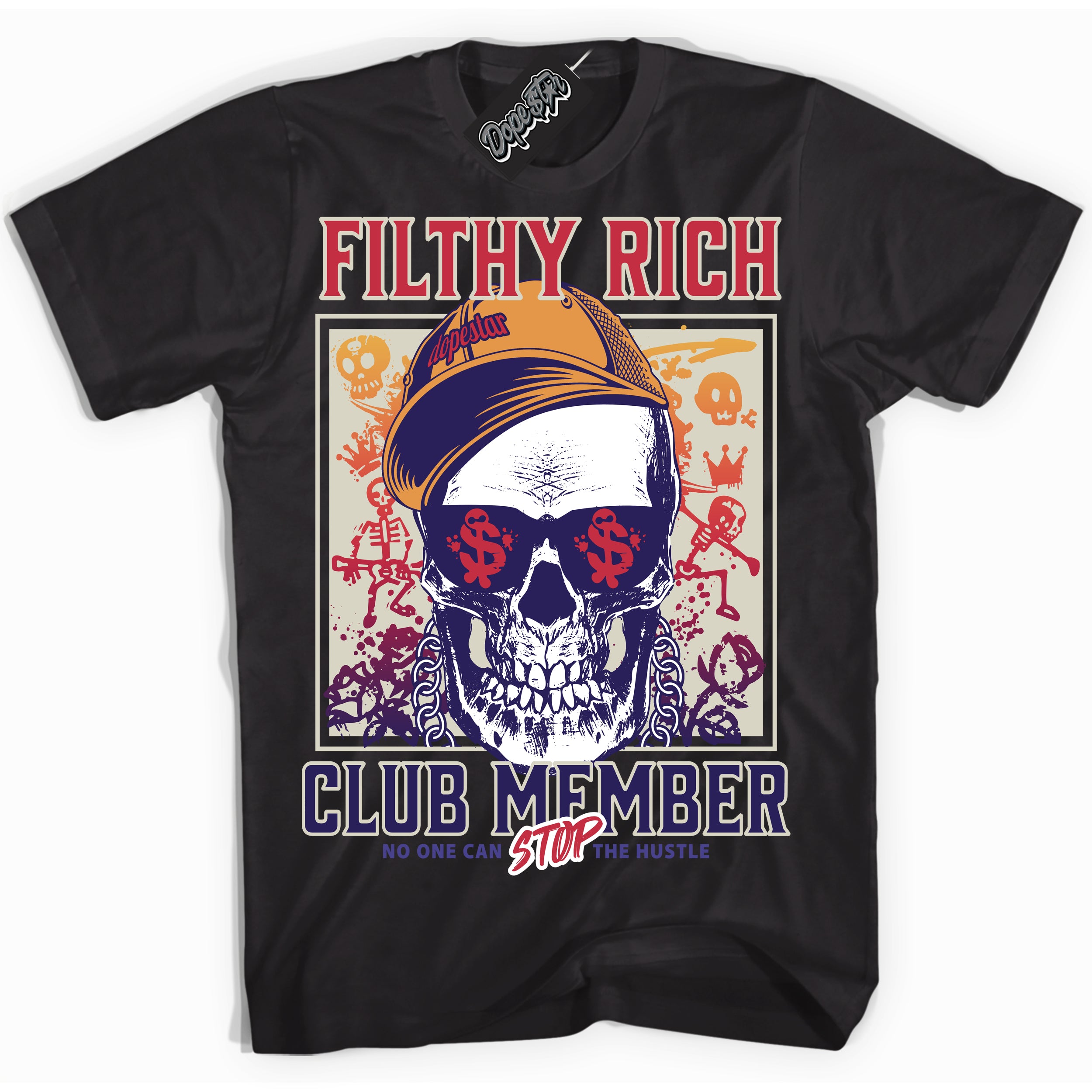 Cool Black Shirt with “ Filthy Rich” design that perfectly matches J Balvin Medellin Sunset 3s Sneakers.