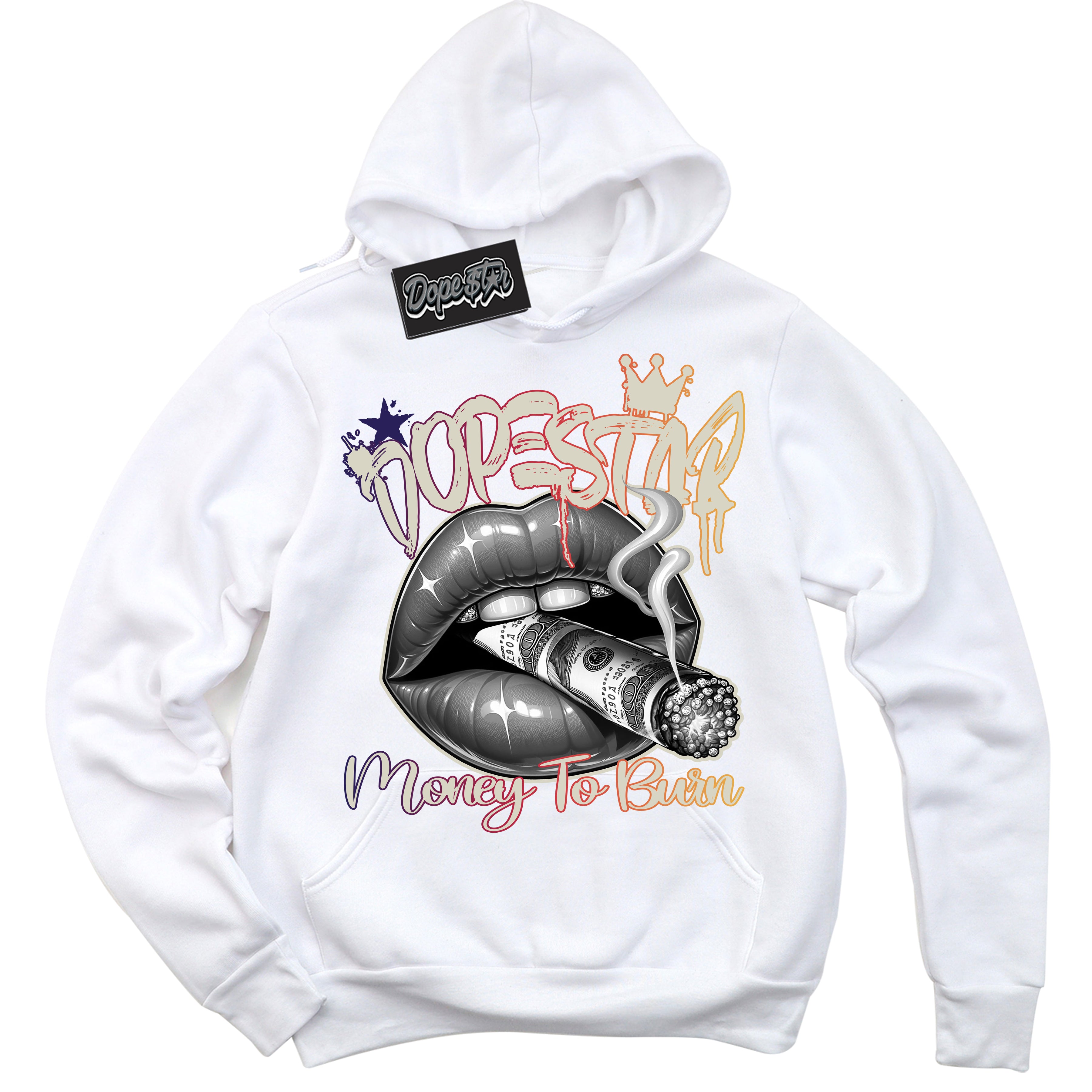 Cool White Hoodie with “ Money To Burn ”  design that Perfectly Matches J Balvin Medellin Sunset 3s Sneakers.