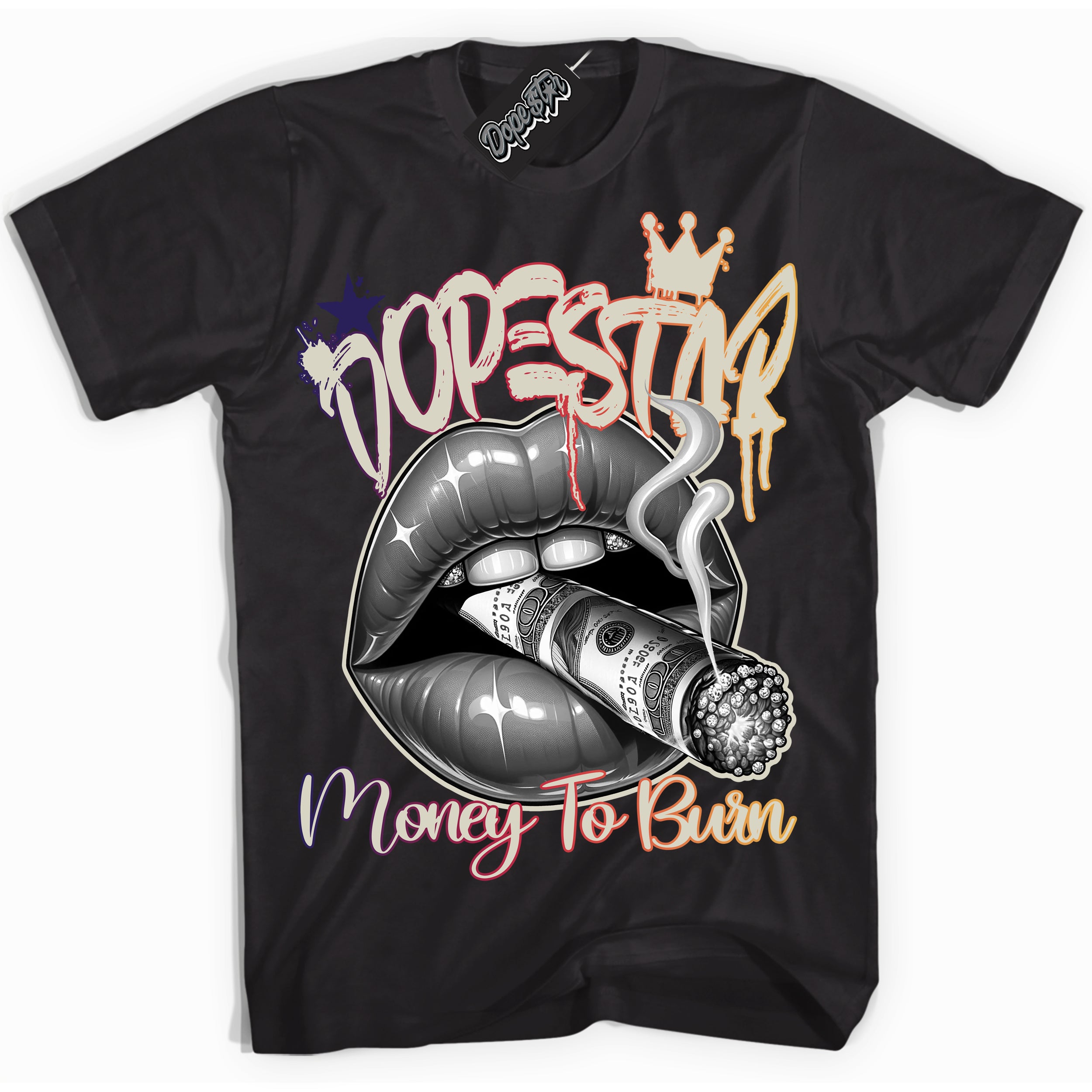 Cool Black Shirt with “ Money To Burn” design that perfectly matches J Balvin Medellin Sunset 3s Sneakers.