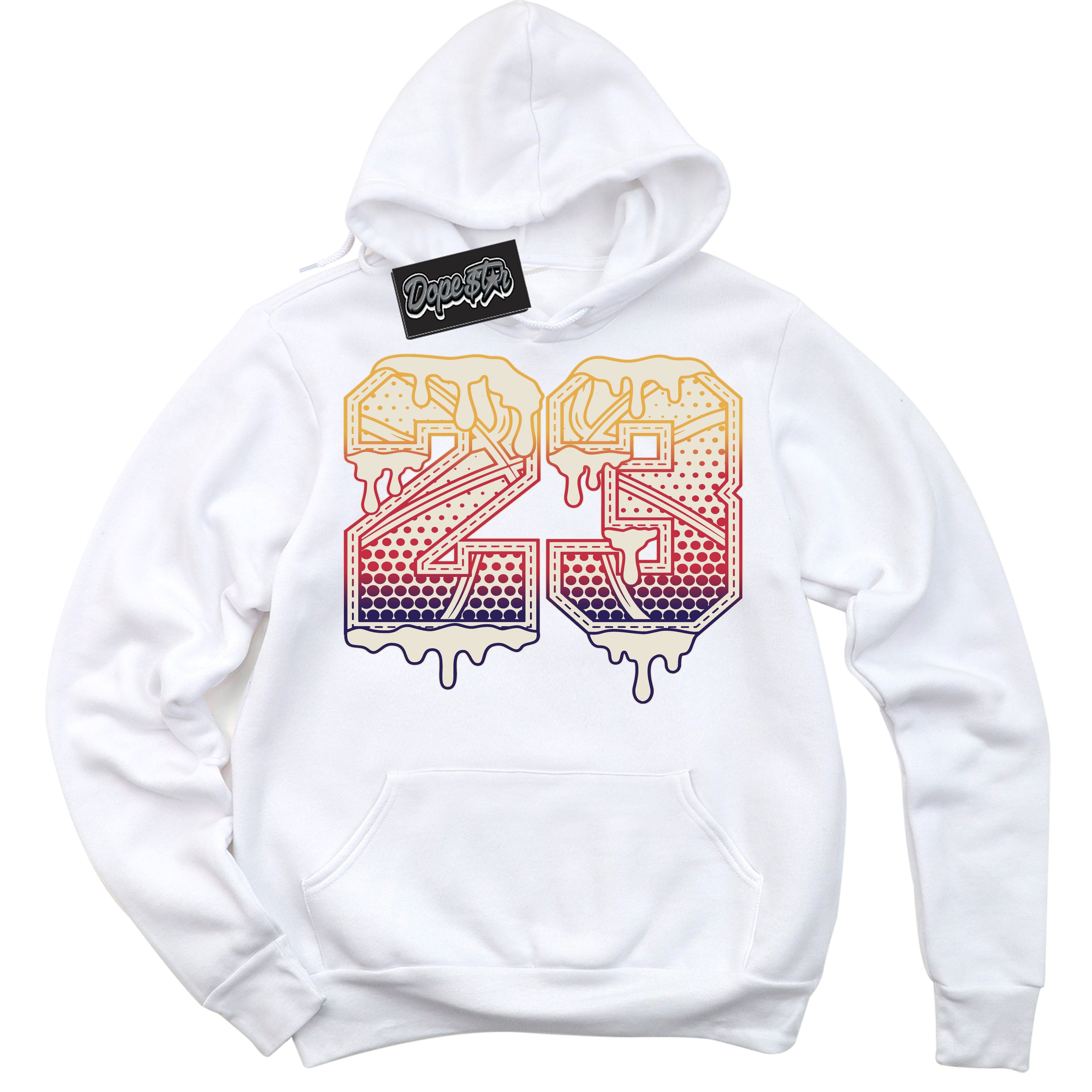 Cool White Hoodie with “ 23 Ball ”  design that Perfectly Matches J Balvin Sunset 3s Jordans.