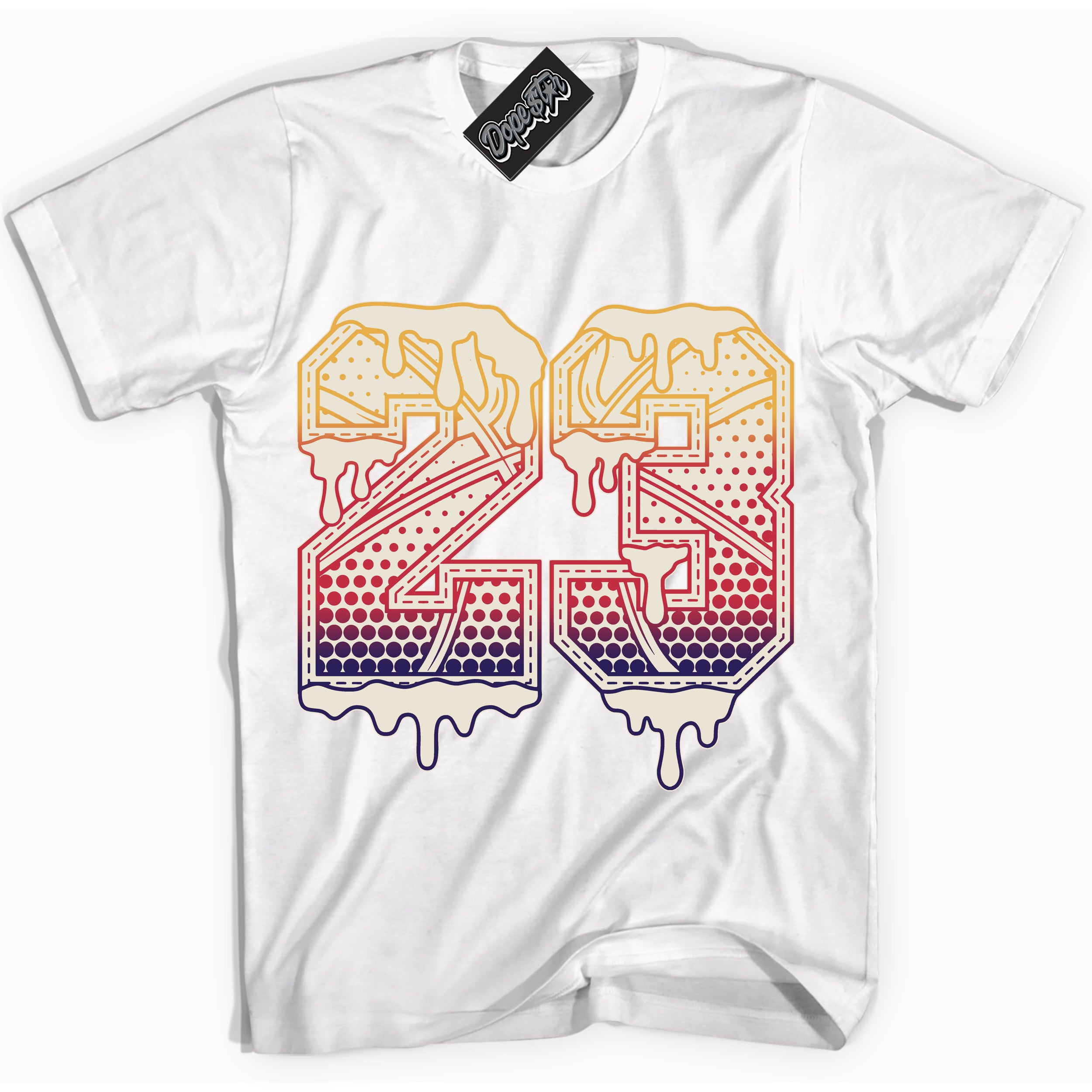 Cool White Shirt with “ 23 Ball” design that perfectly matches J Balvin Sunset 3s Jordans.