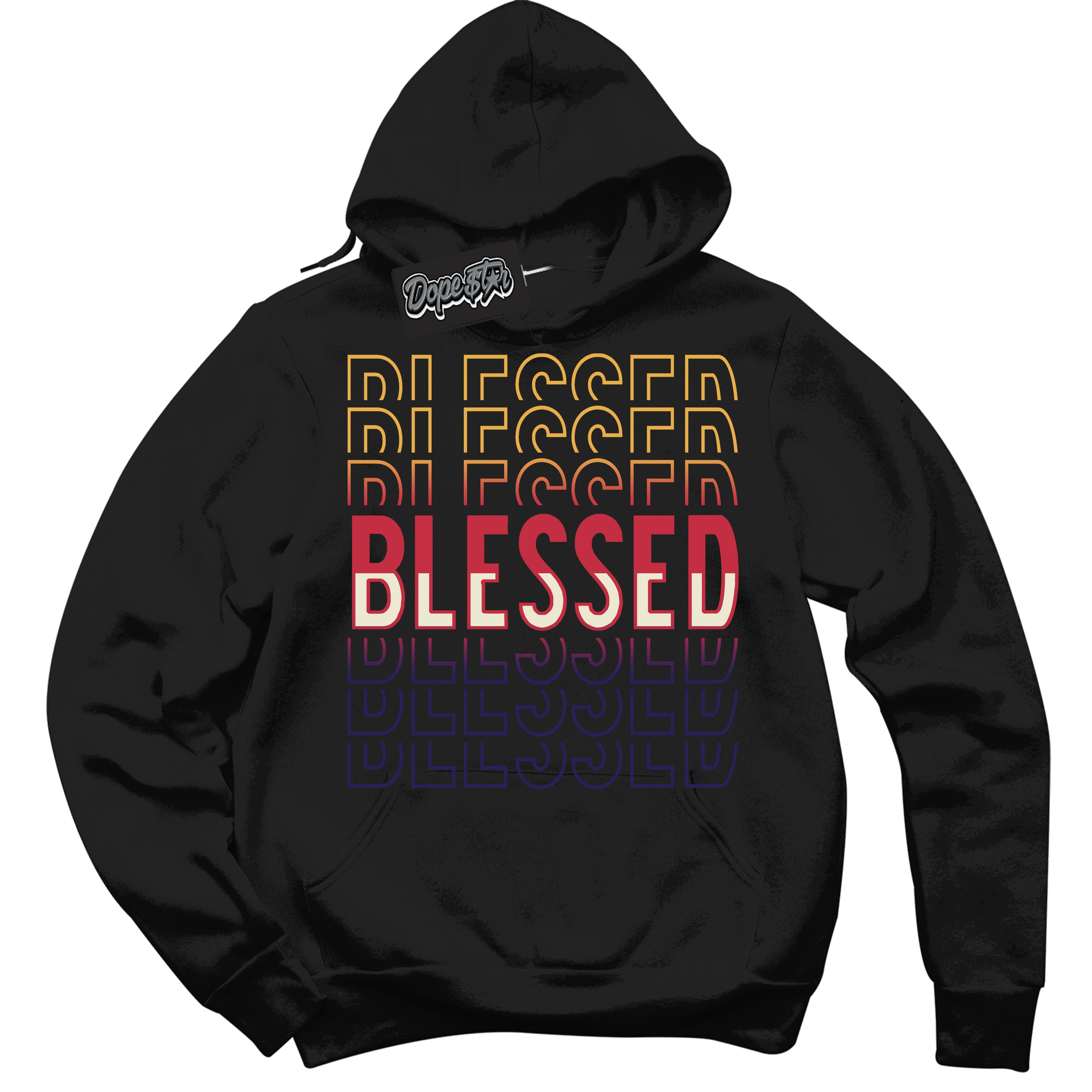 Cool Black Hoodie with “ Blessed Stacked ”  design that Perfectly Matches J Balvin Sunset 3s Jordans.