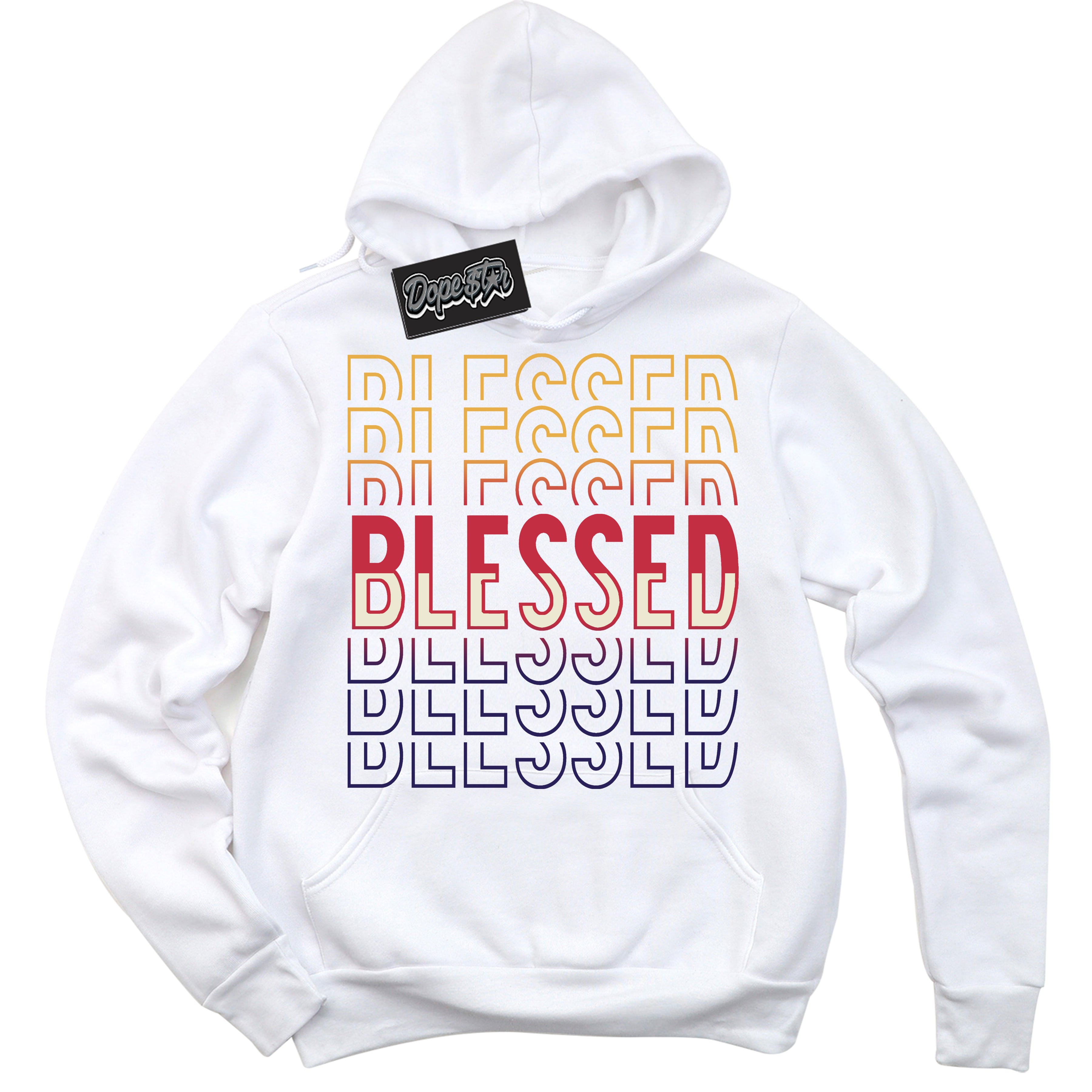 Cool White Hoodie with “ Blessed Stacked ”  design that Perfectly Matches J Balvin Sunset 3s Jordans.