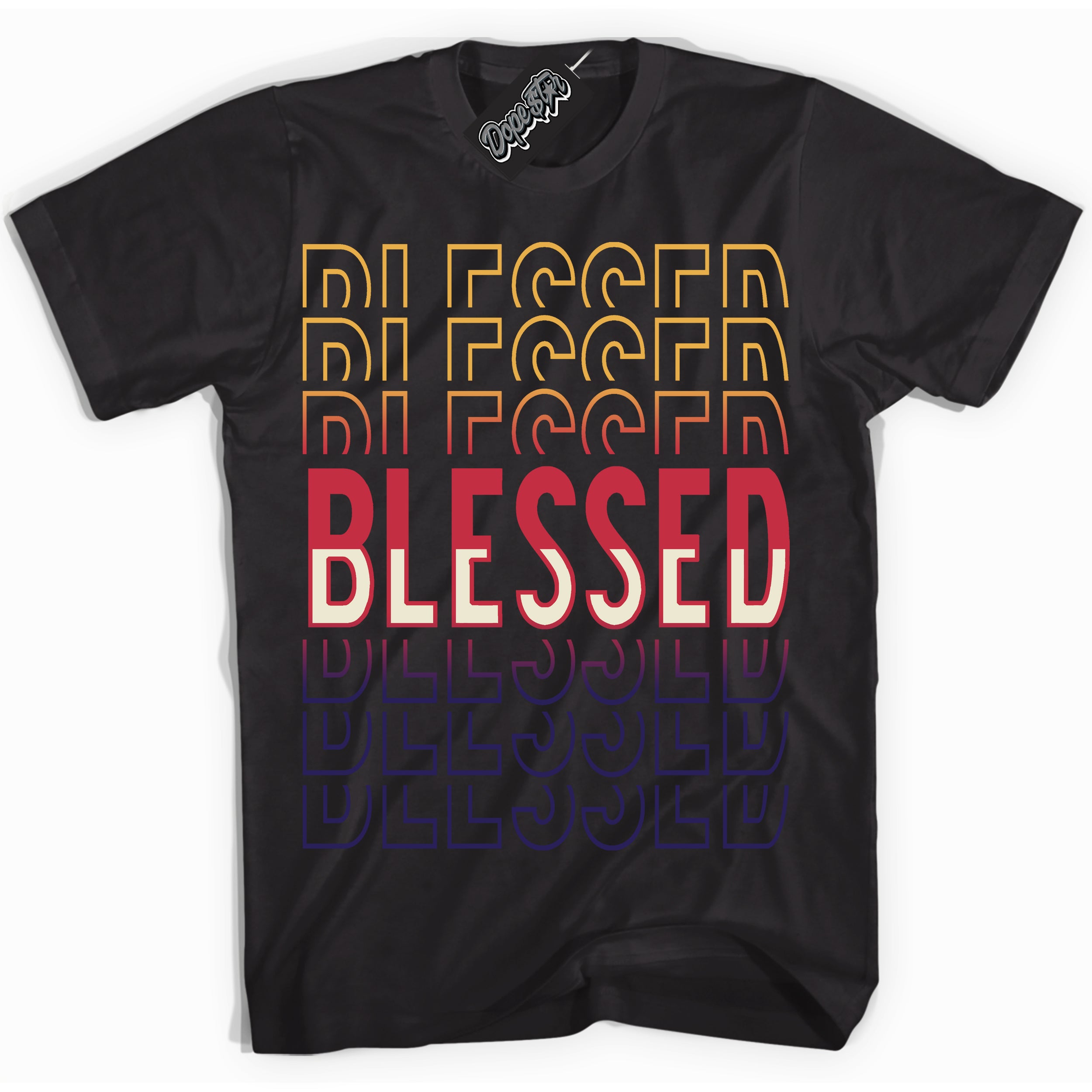 Cool Black Shirt with “ Blessed Stacked” design that perfectly matches J Balvin Sunset 3s Jordans.