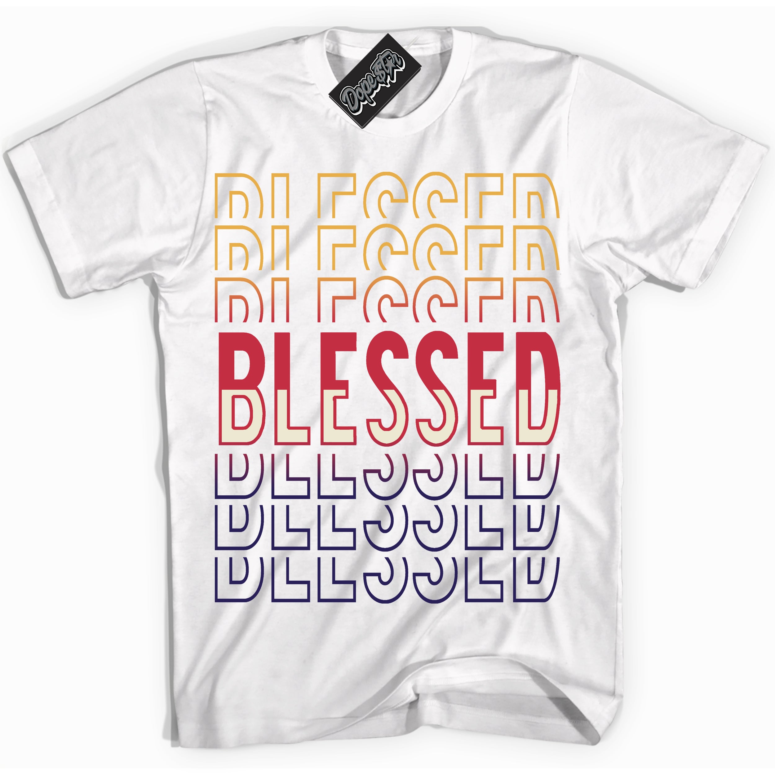 Cool White Shirt with “ Blessed Stacked” design that perfectly matches J Balvin Sunset 3s Jordans.