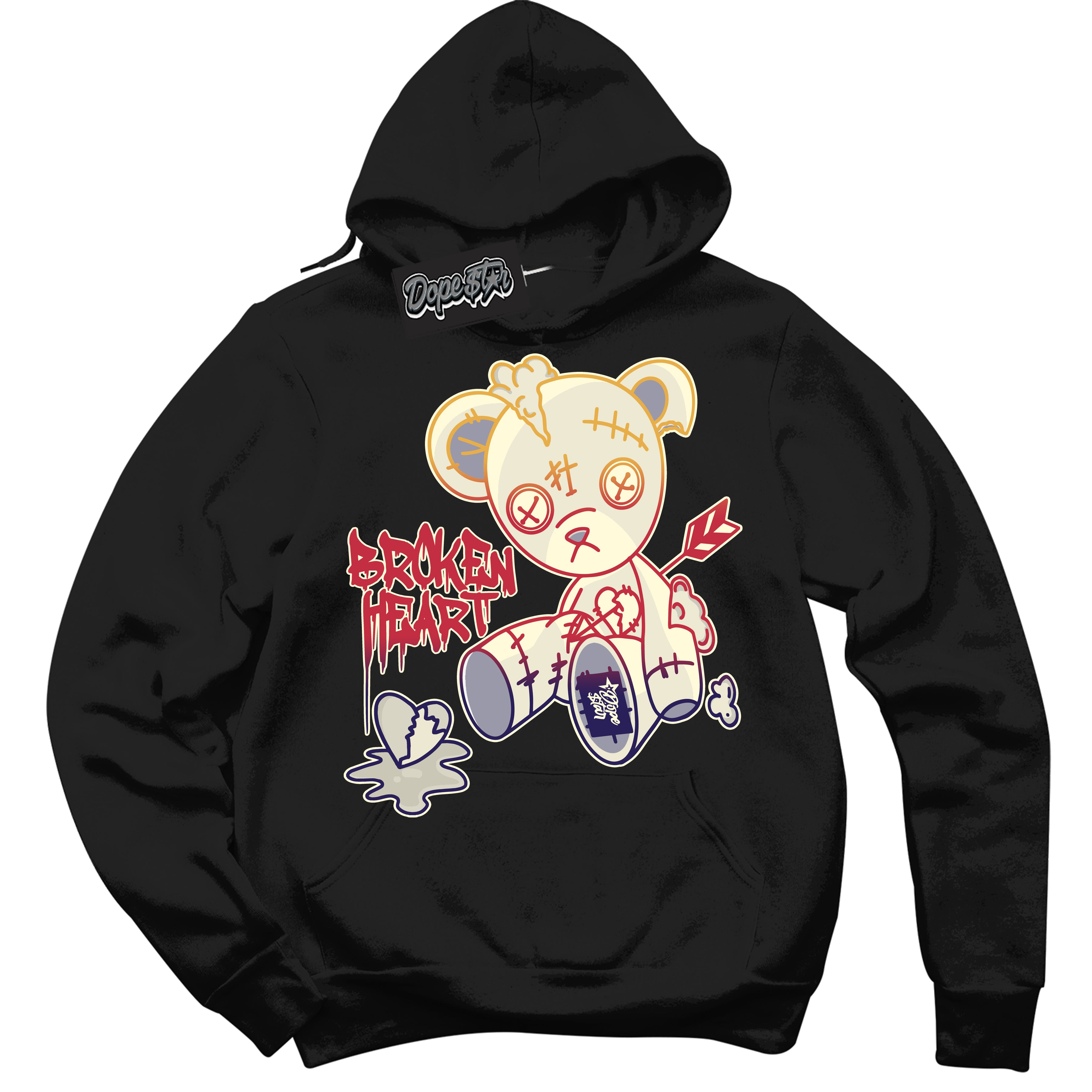 Cool Black Hoodie with “ Broken Heart Bear ”  design that Perfectly Matches J Balvin Sunset 3s Jordans.