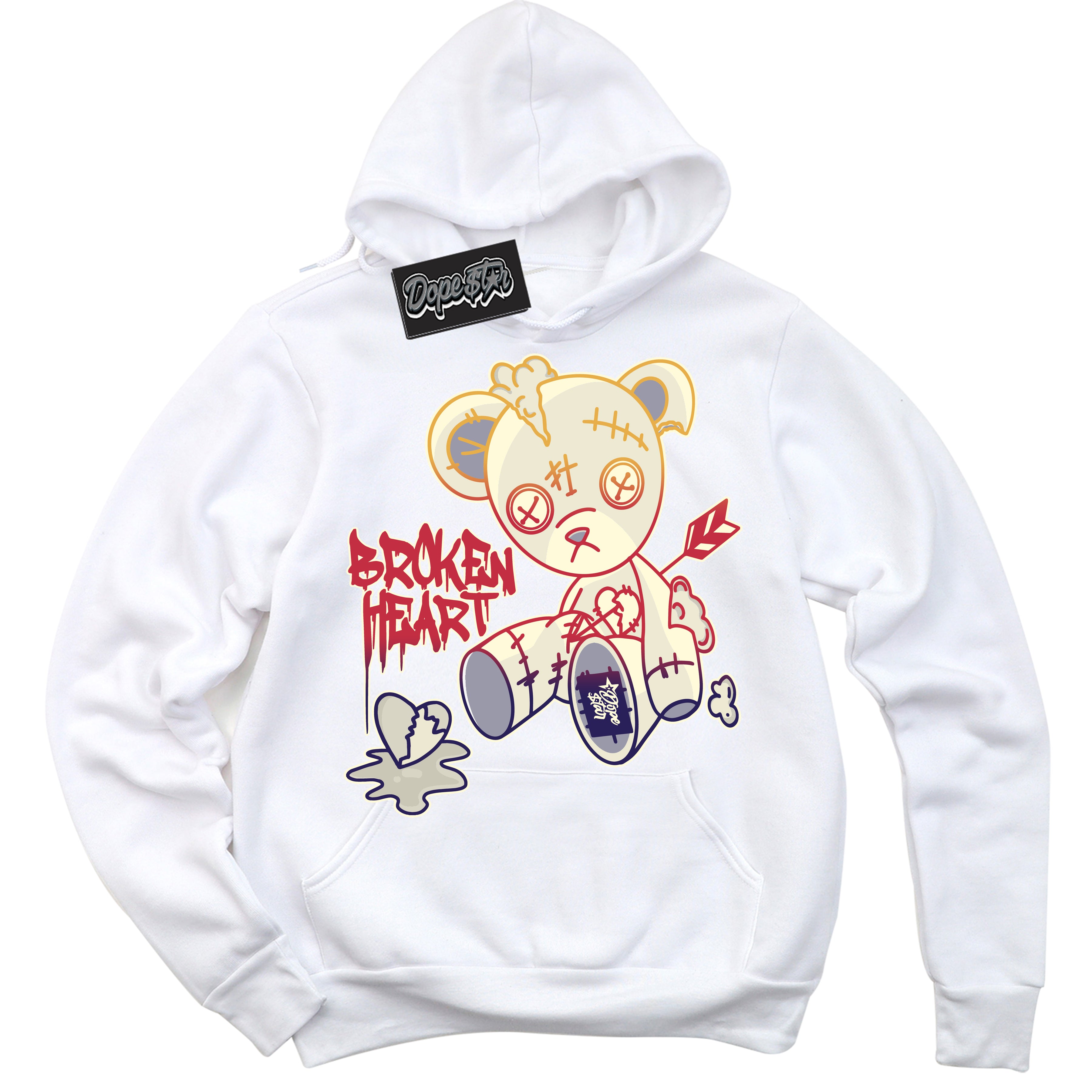 Cool White Hoodie with “ Broken Heart Bear ”  design that Perfectly Matches J Balvin Sunset 3s Jordans.