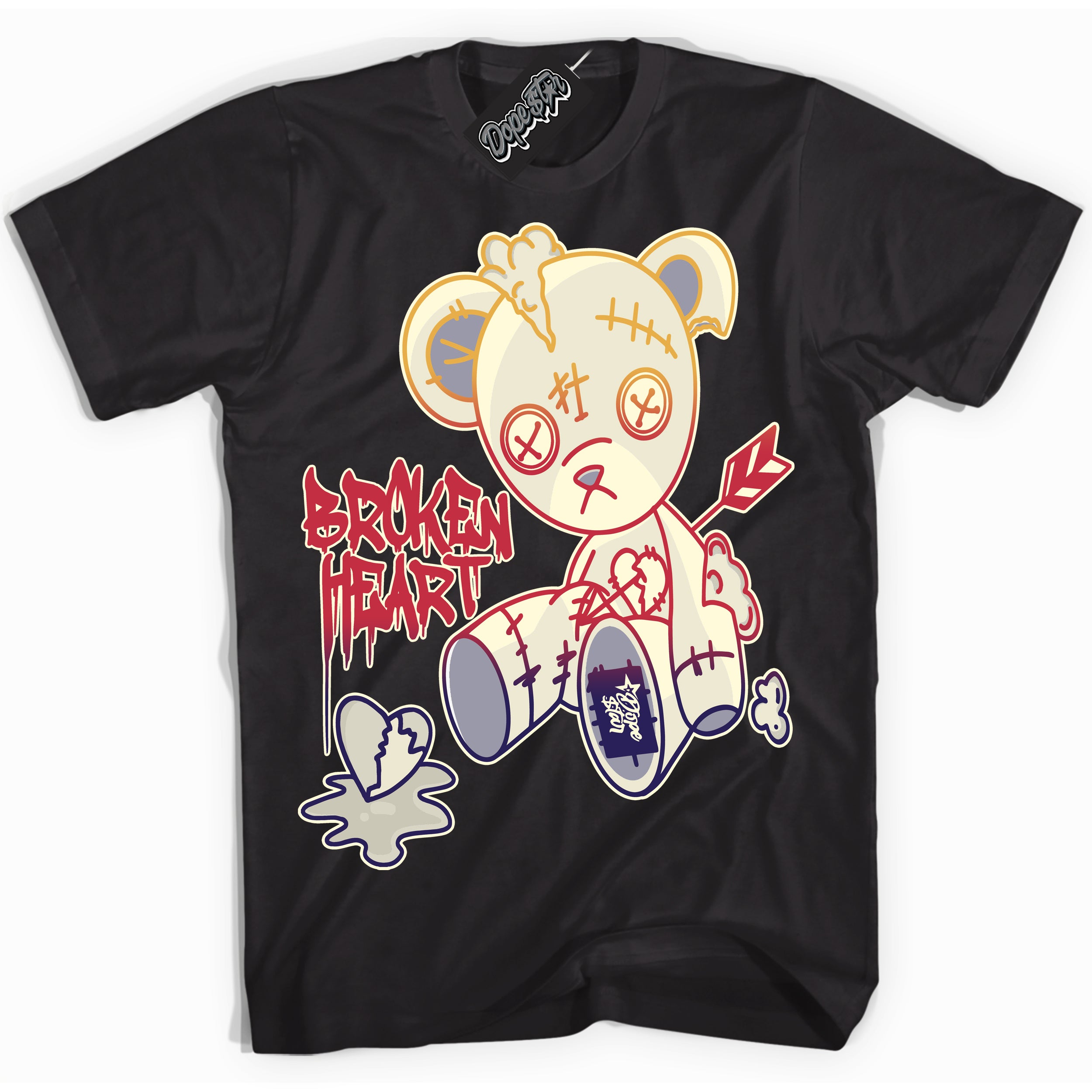 Cool Black Shirt with “ Broken Heart Bear” design that perfectly matches J Balvin Sunset 3s Jordans.