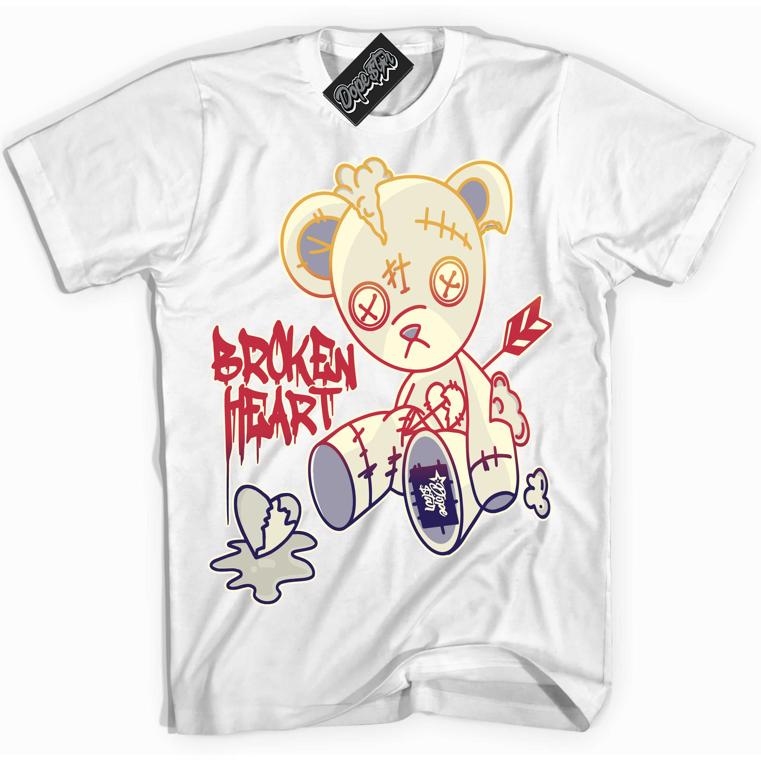 Cool White Shirt with “ Broken Heart Bear” design that perfectly matches J Balvin Sunset 3s Jordans.