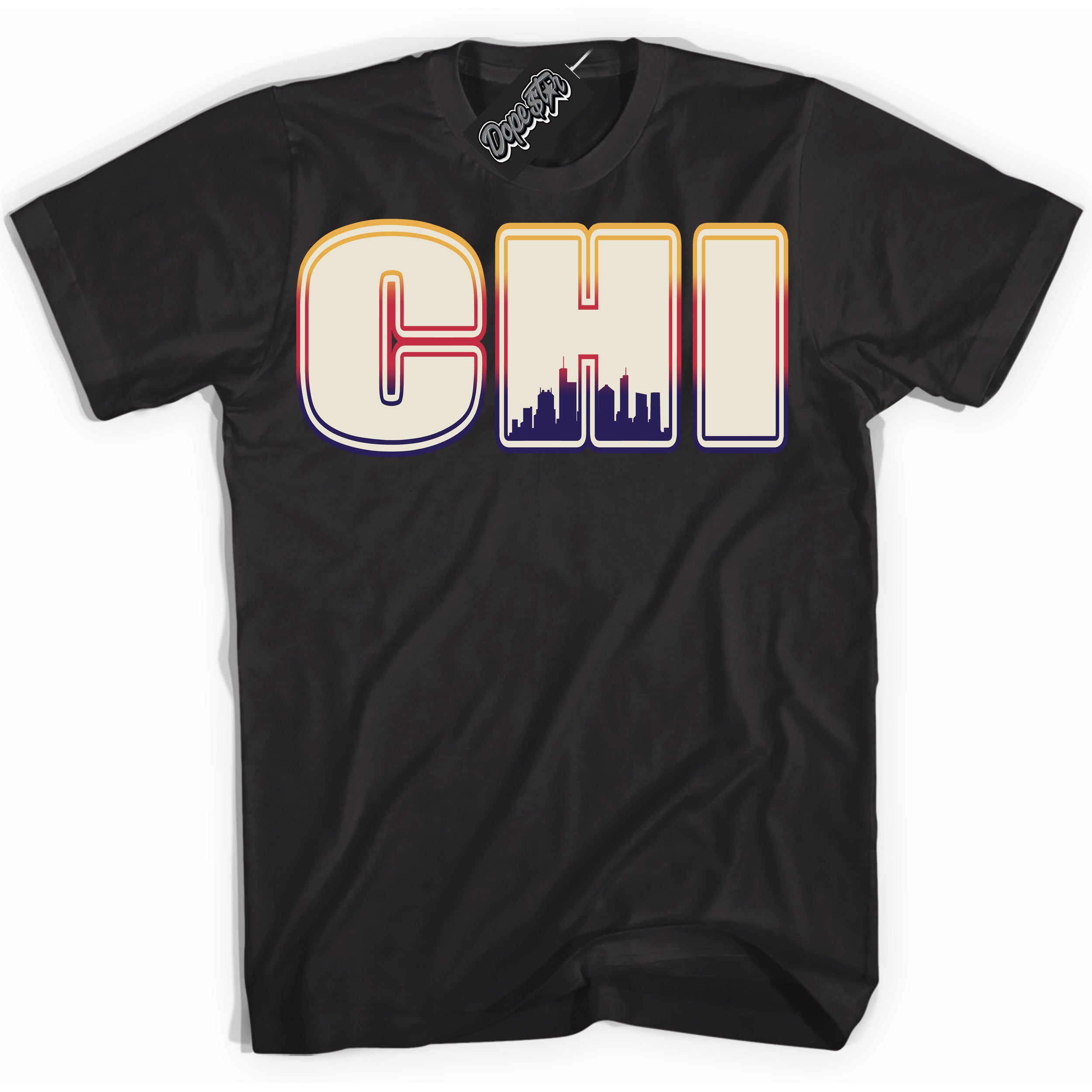 Cool Black Shirt with “ Chicago” design that perfectly matches J Balvin Sunset 3s Jordans.