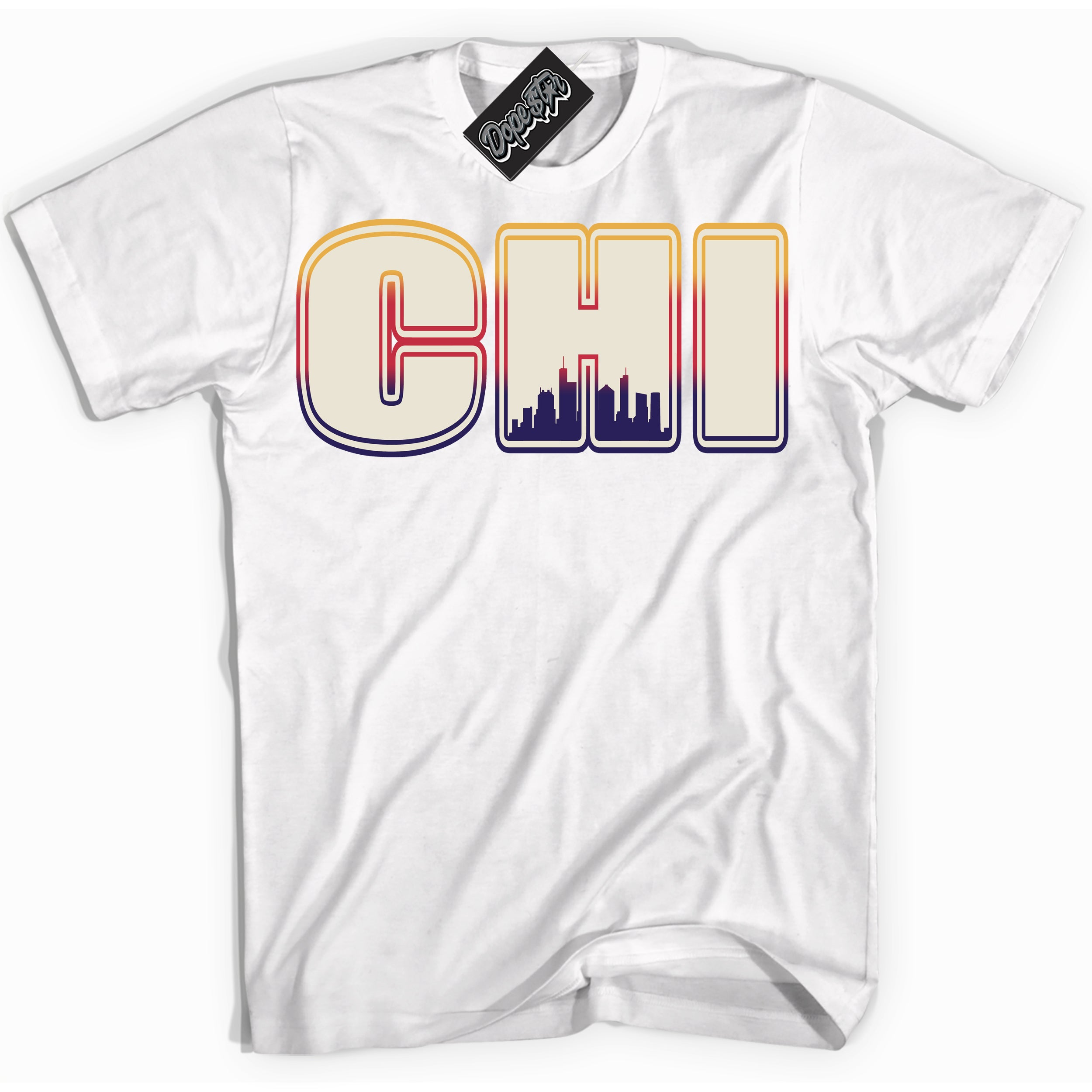 Cool White Shirt with “ Chicago” design that perfectly matches J Balvin Sunset 3s Jordans.