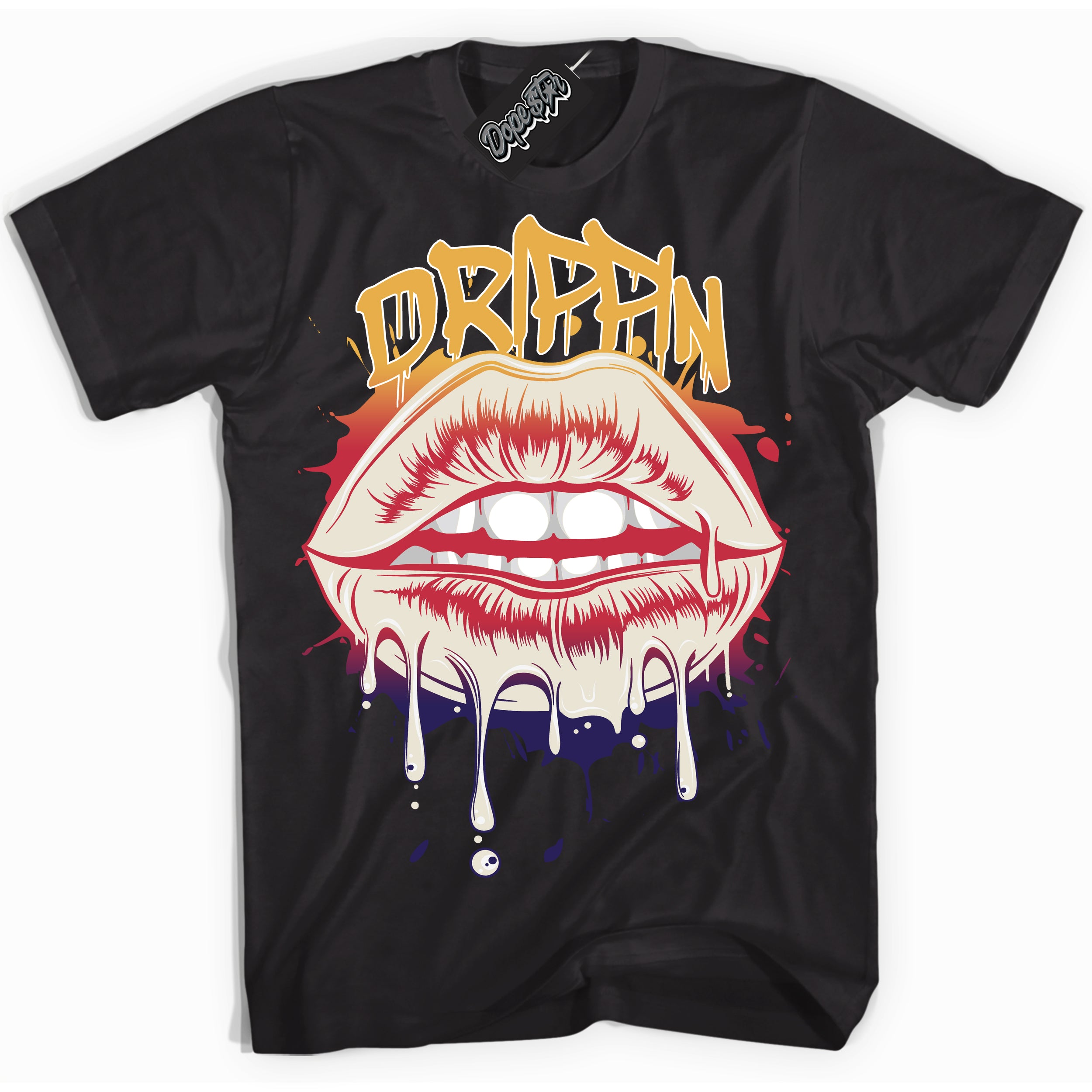 Cool Black Shirt with “ Drippin” design that perfectly matches J Balvin Sunset 3s Jordans.