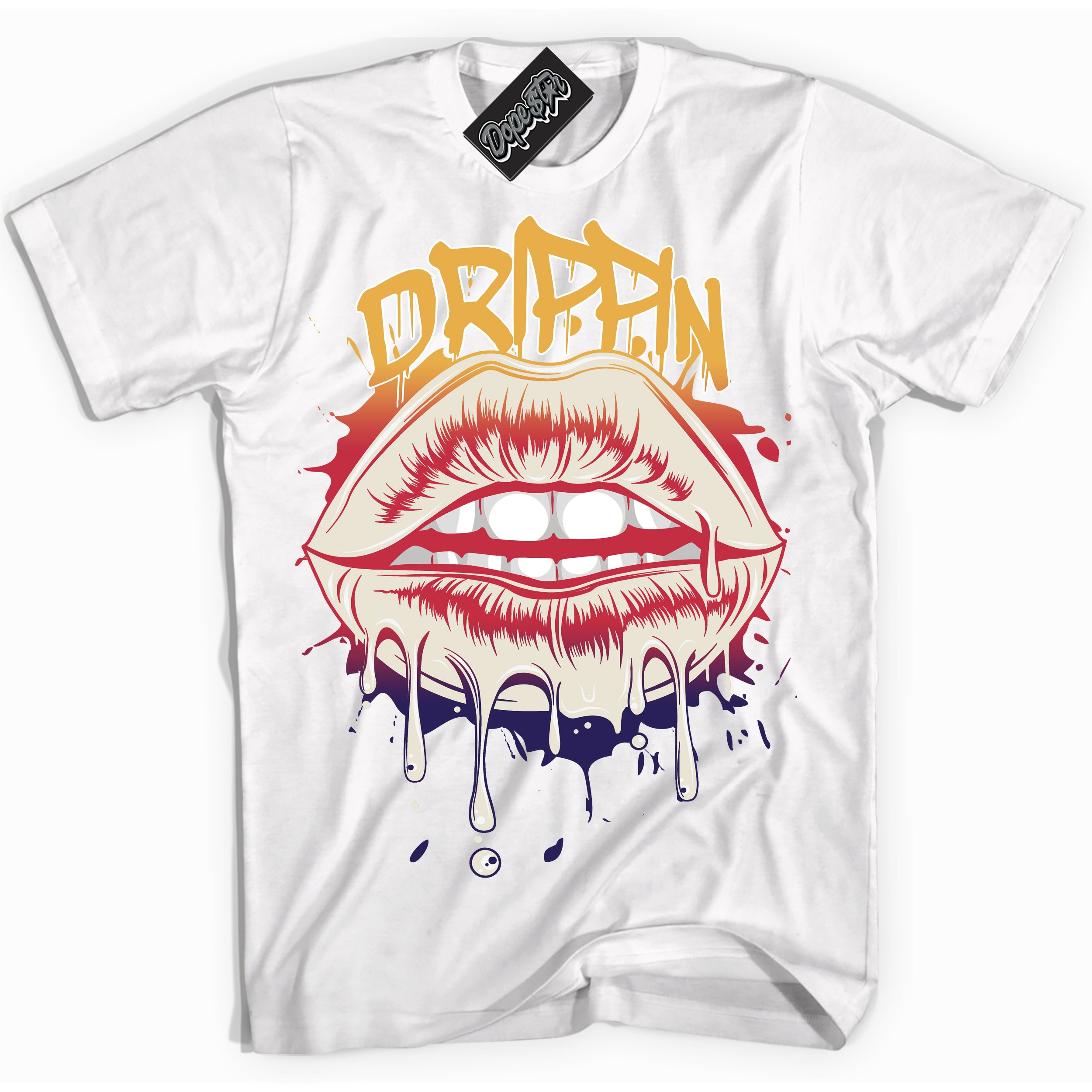 Cool White Shirt with “ Drippin” design that perfectly matches J Balvin Sunset 3s Jordans.