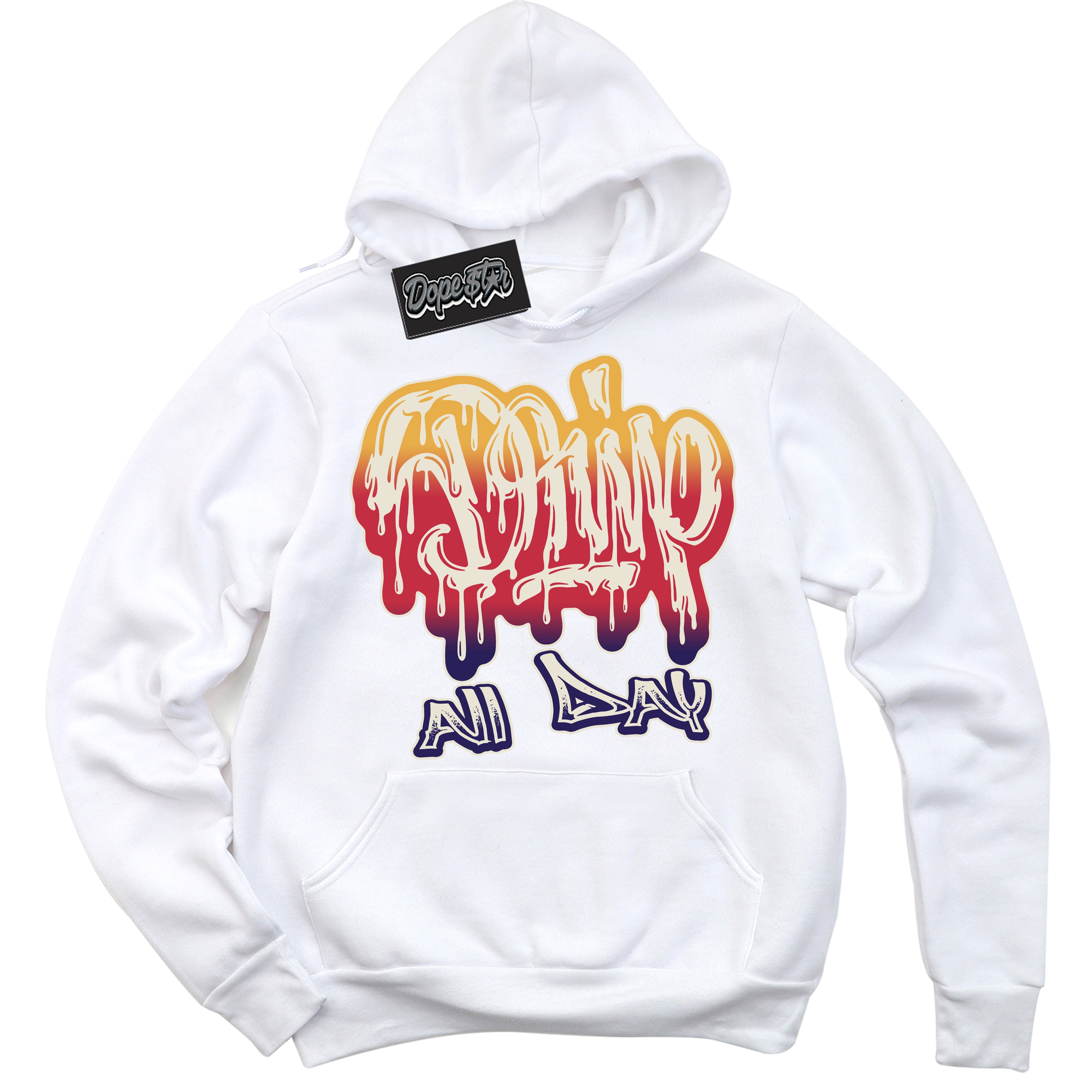 Cool White Hoodie with “ Drip All Day ”  design that Perfectly Matches J Balvin Sunset 3s Jordans.