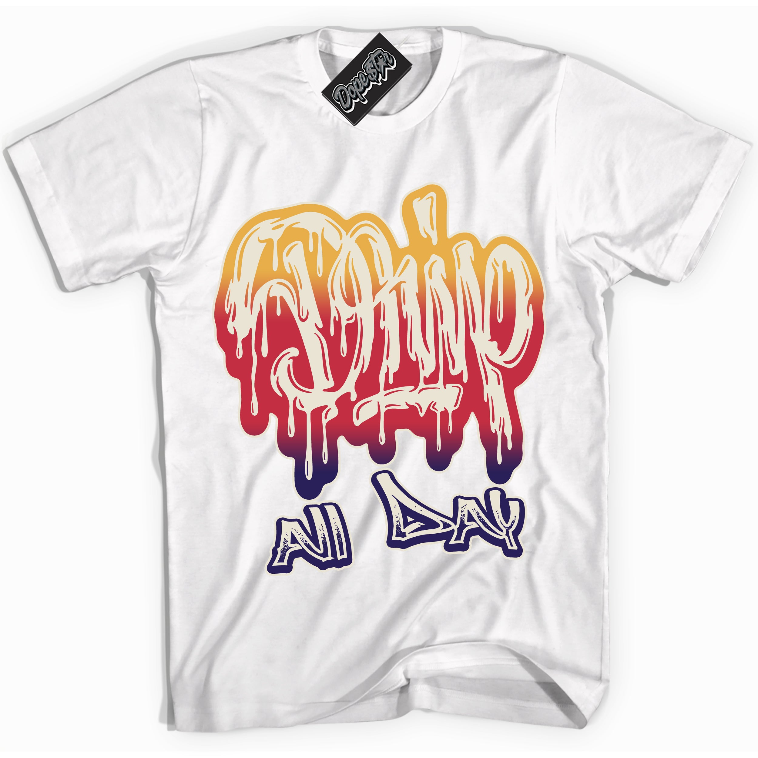 Cool White Shirt with “ Drip All Day” design that perfectly matches J Balvin Sunset 3s Jordans.