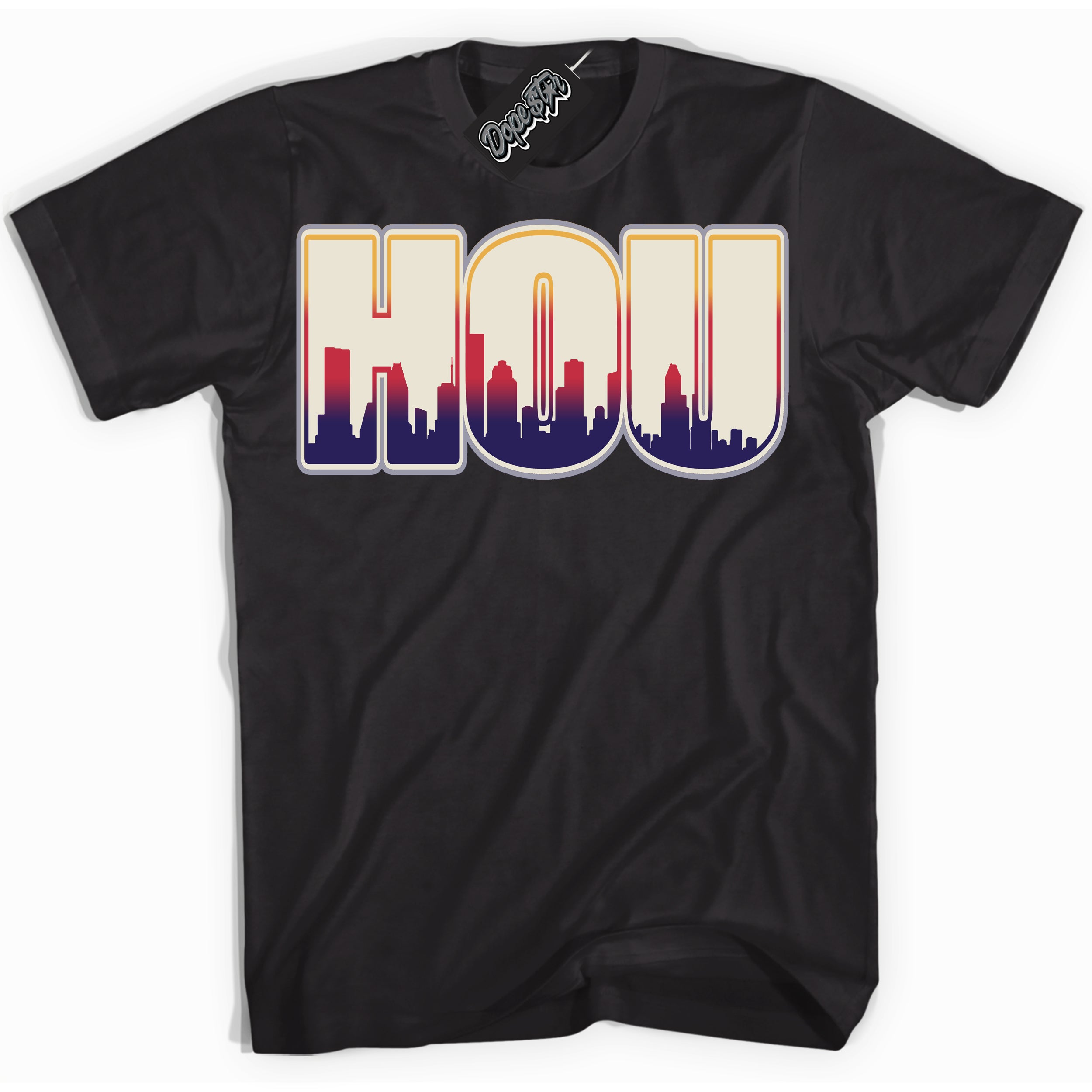 Cool Black Shirt with “Houston” design that perfectly matches J Balvin Sunset 3s Jordans.