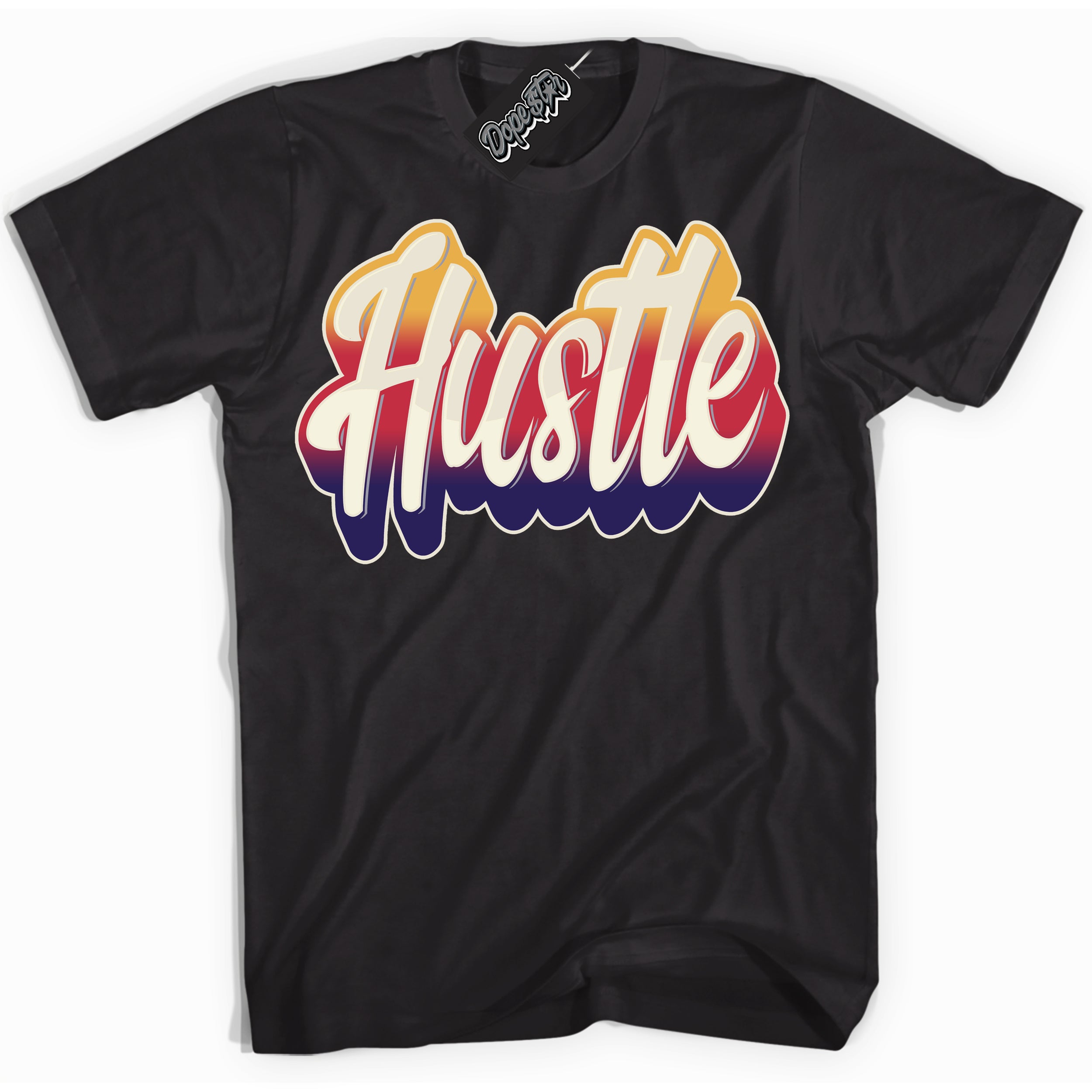 Cool Black Shirt with “ Hustle” design that perfectly matches J Balvin Sunset 3s Jordans.