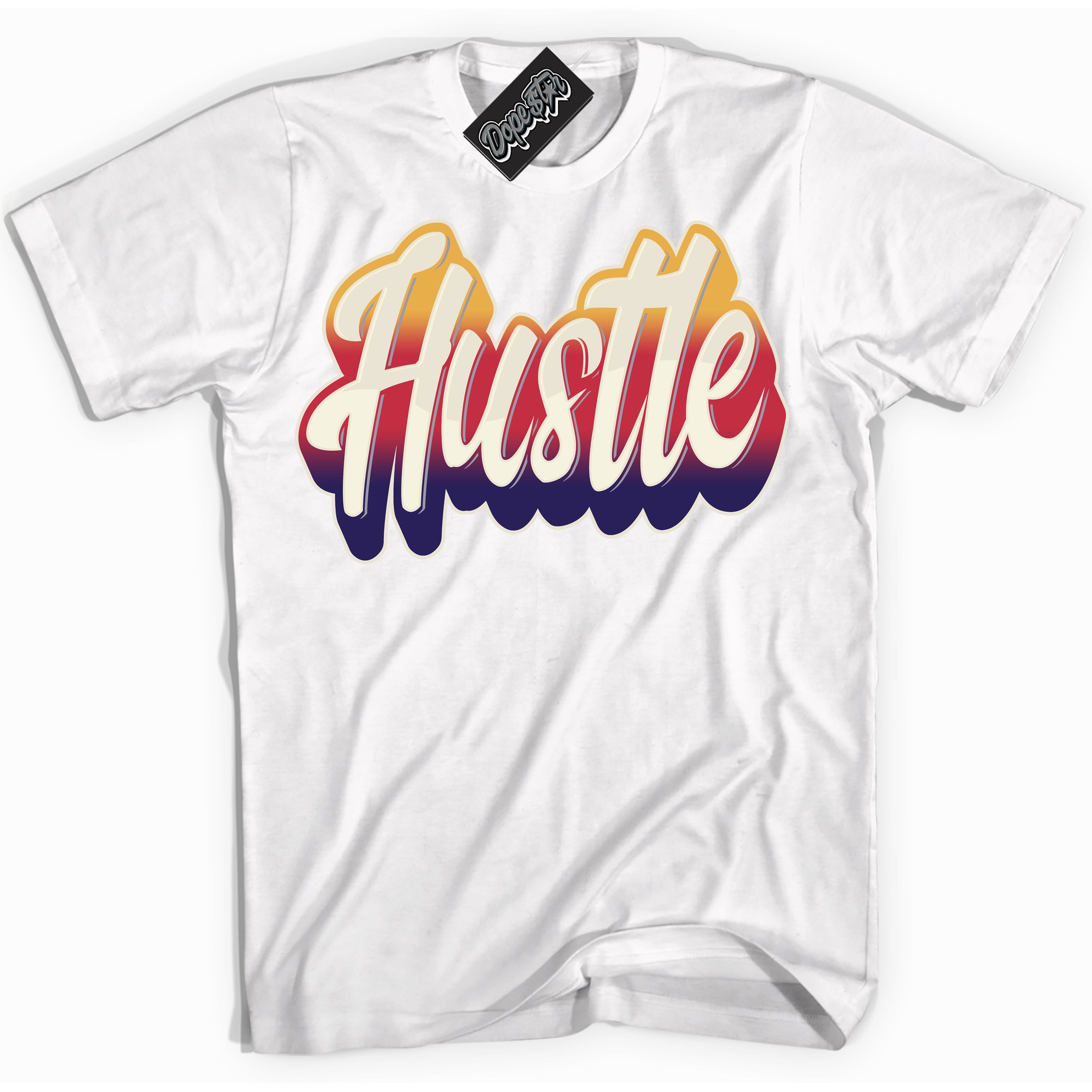 Cool White Shirt with “ Hustle” design that perfectly matches J Balvin Sunset 3s Jordans.