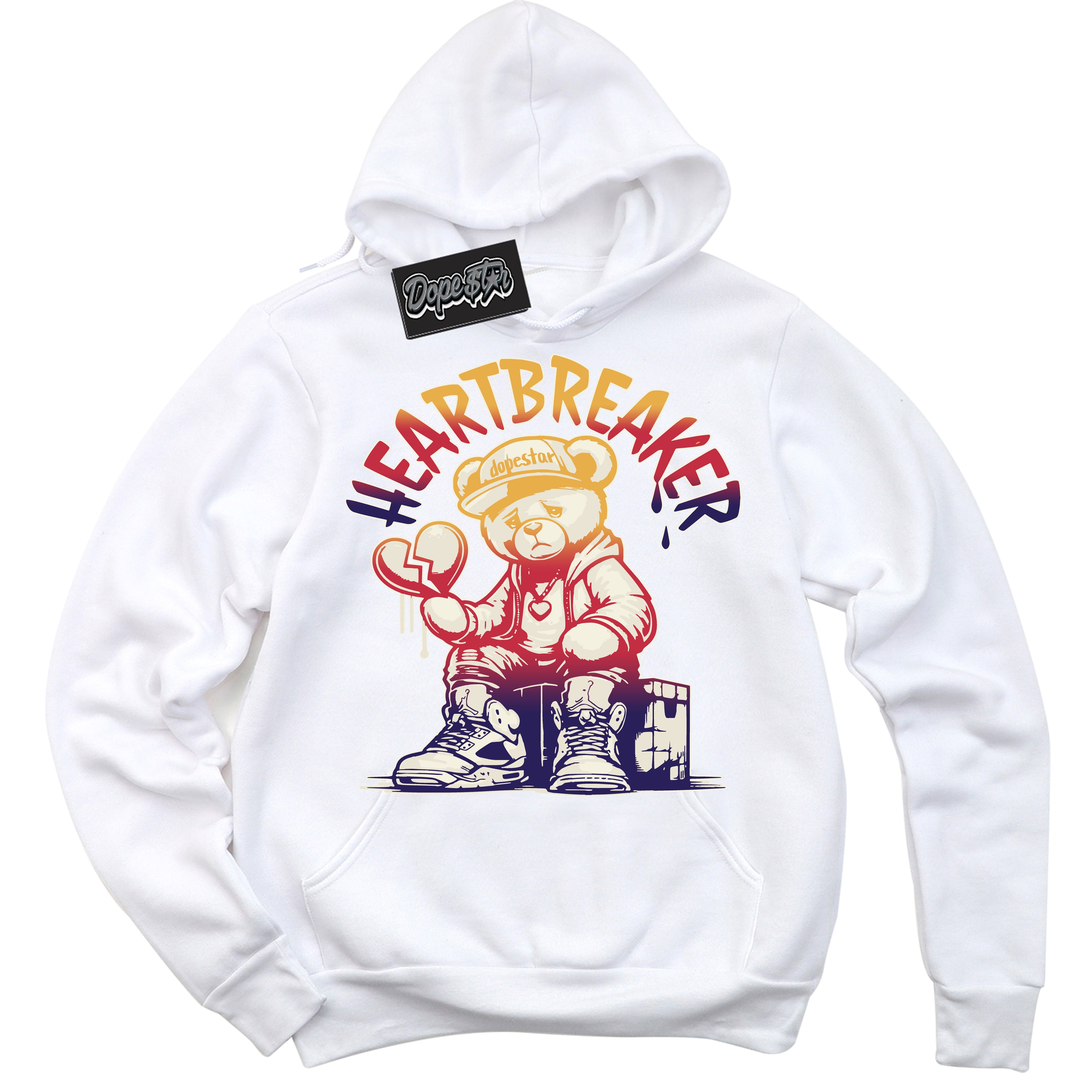 Cool White Hoodie with “ Heartbreaker Bear ”  design that Perfectly Matches J Balvin Sunset 3s Jordans.