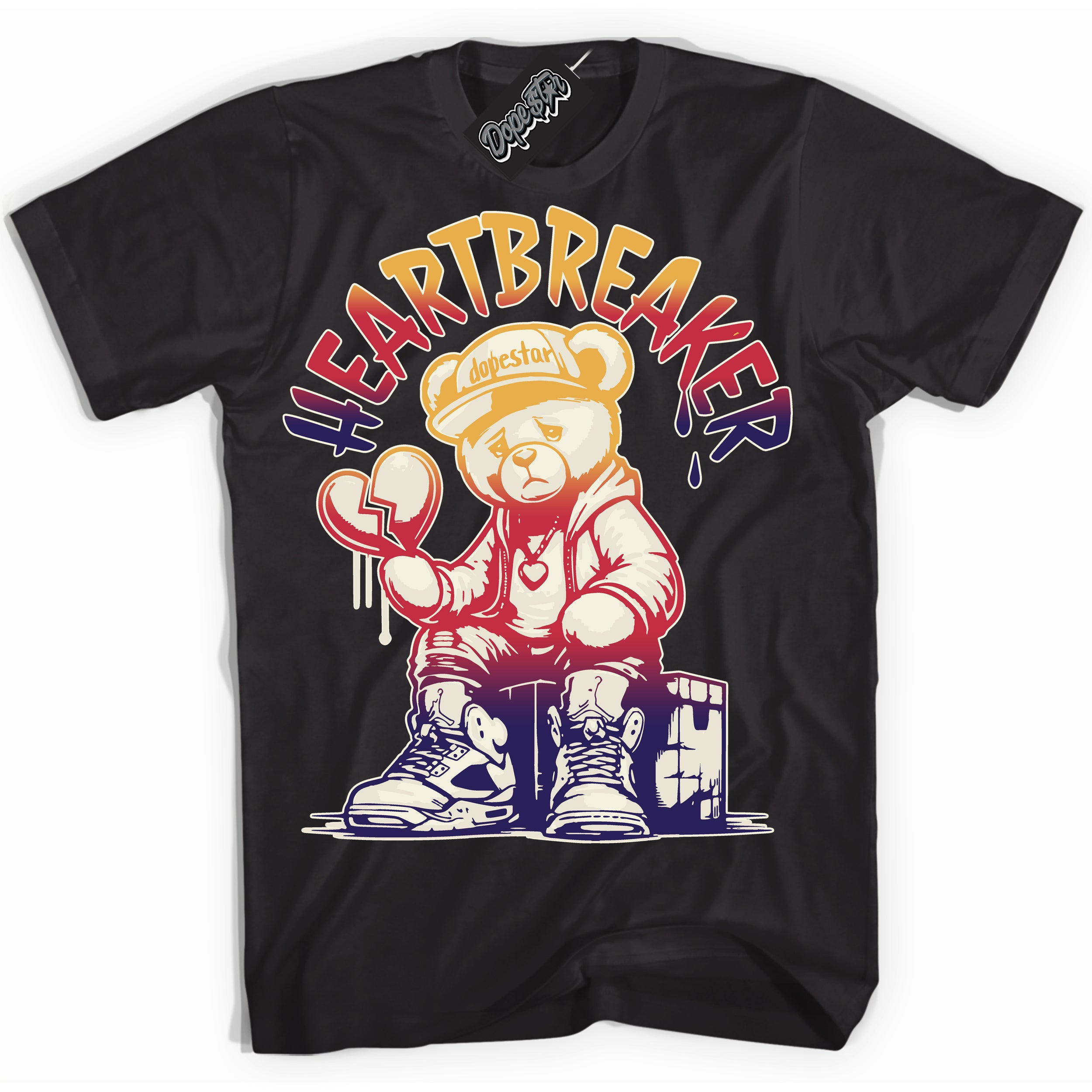 Cool Black Shirt with “ Heartbreaker Bear” design that perfectly matches J Balvin Sunset 3s Jordans.