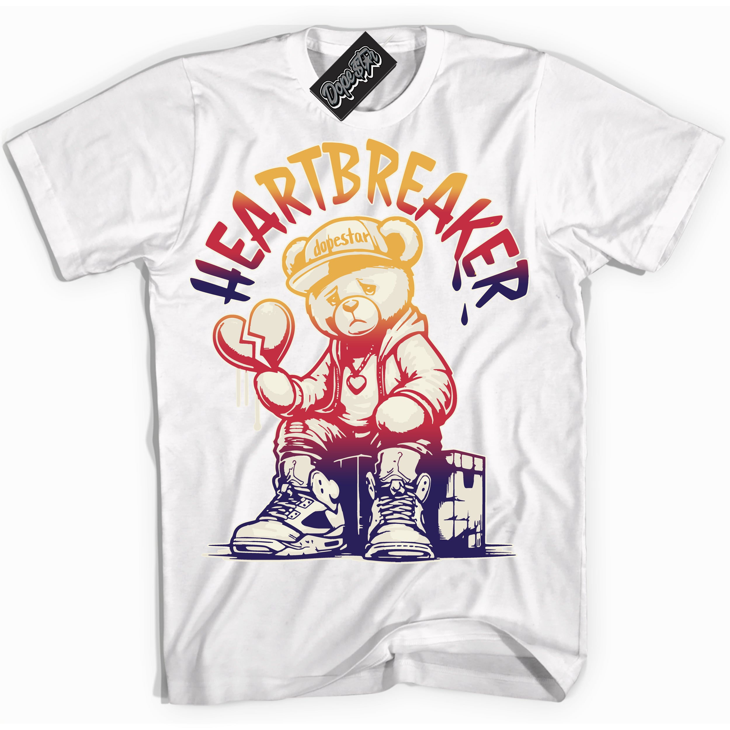 Cool White Shirt with “ Heartbreaker Bear” design that perfectly matches J Balvin Sunset 3s Jordans.