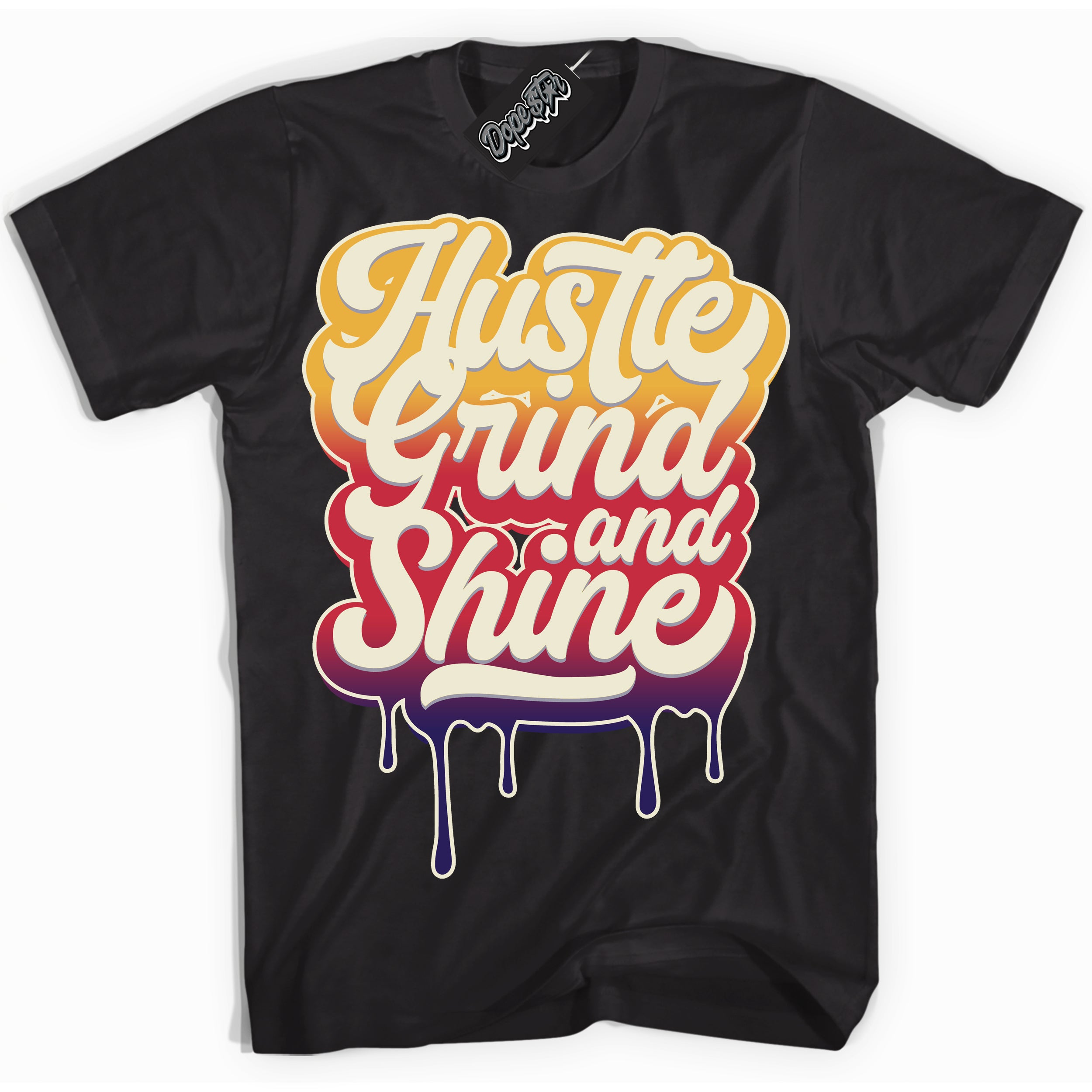 Cool Black Shirt with “ Hustle Grind And Shine” design that perfectly matches J Balvin Sunset 3s Jordans.