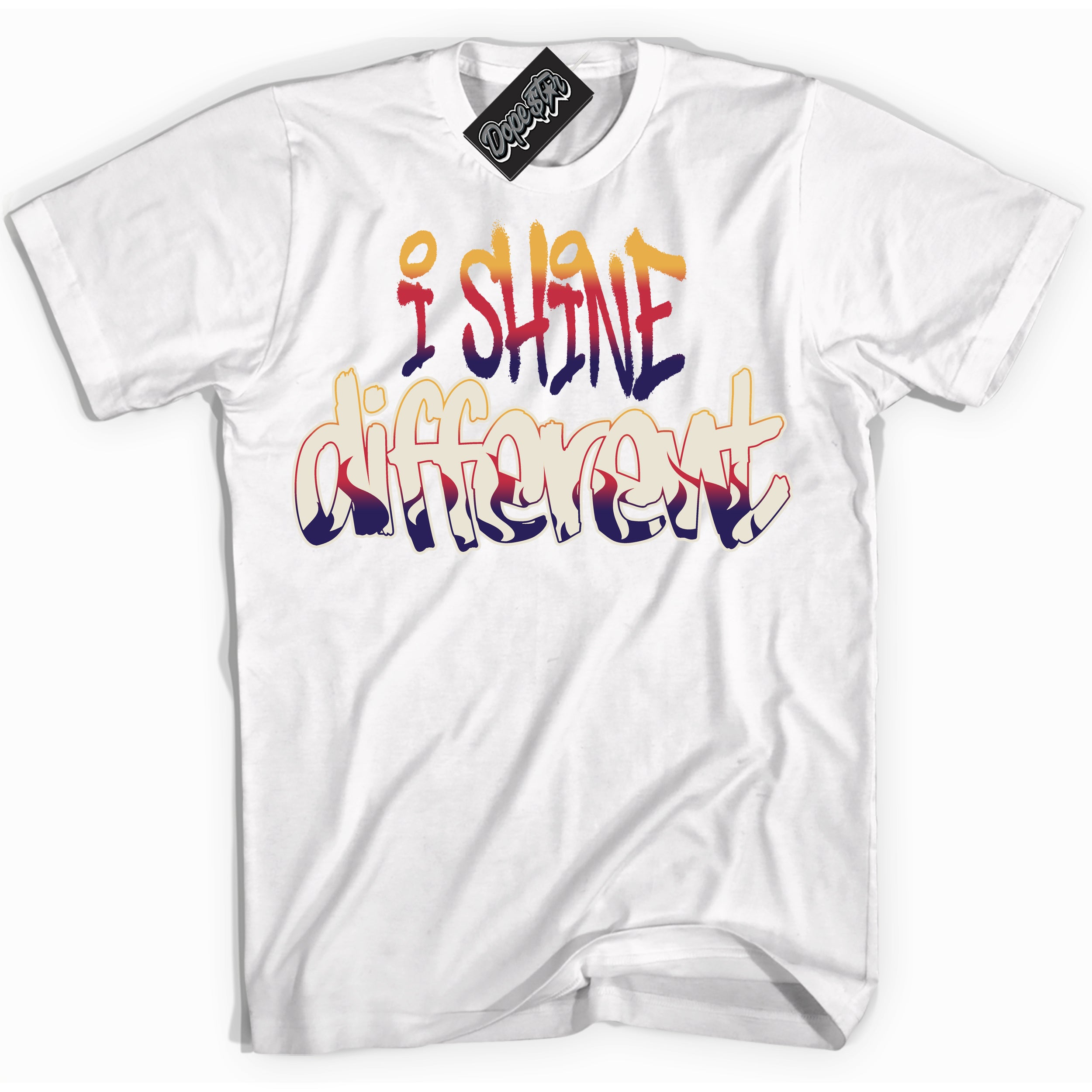 Cool White Shirt with “ I Shine Different” design that perfectly matches J Balvin Sunset 3s Jordans.