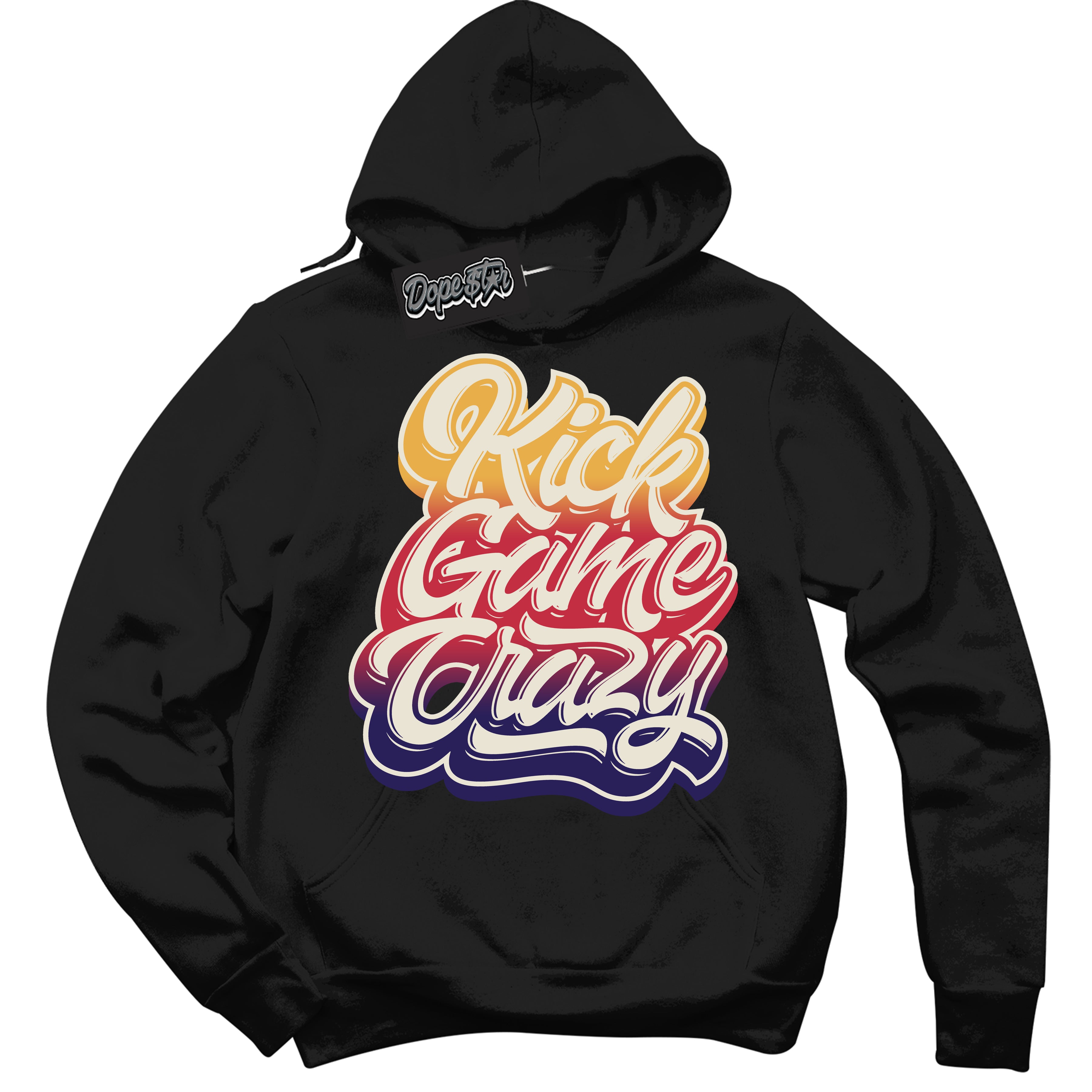 Cool Black Hoodie with “ Kick Game Crazy ”  design that Perfectly Matches J Balvin Sunset 3s Jordans.