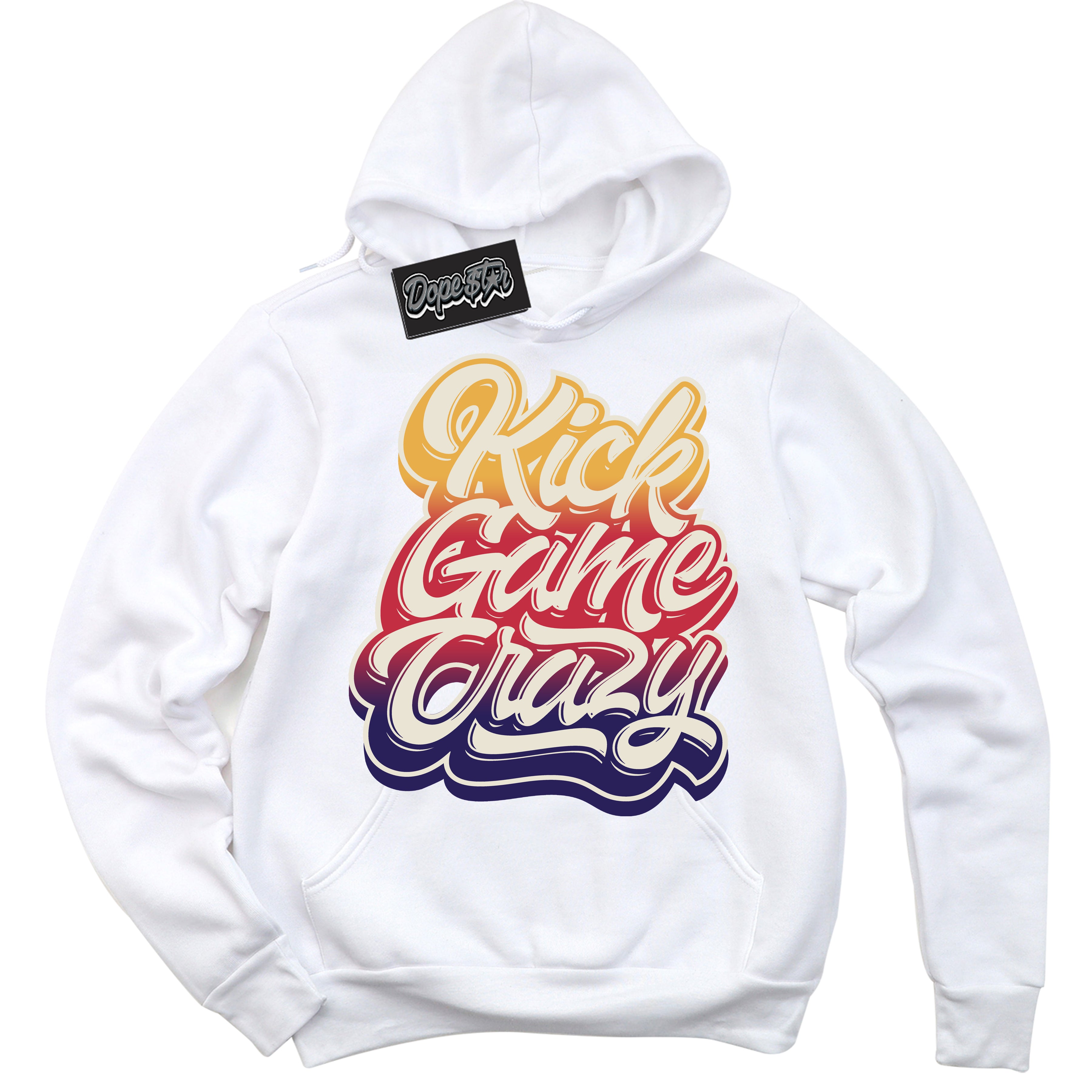 Cool White Hoodie with “ Kick Game Crazy ”  design that Perfectly Matches J Balvin Sunset 3s Jordans.