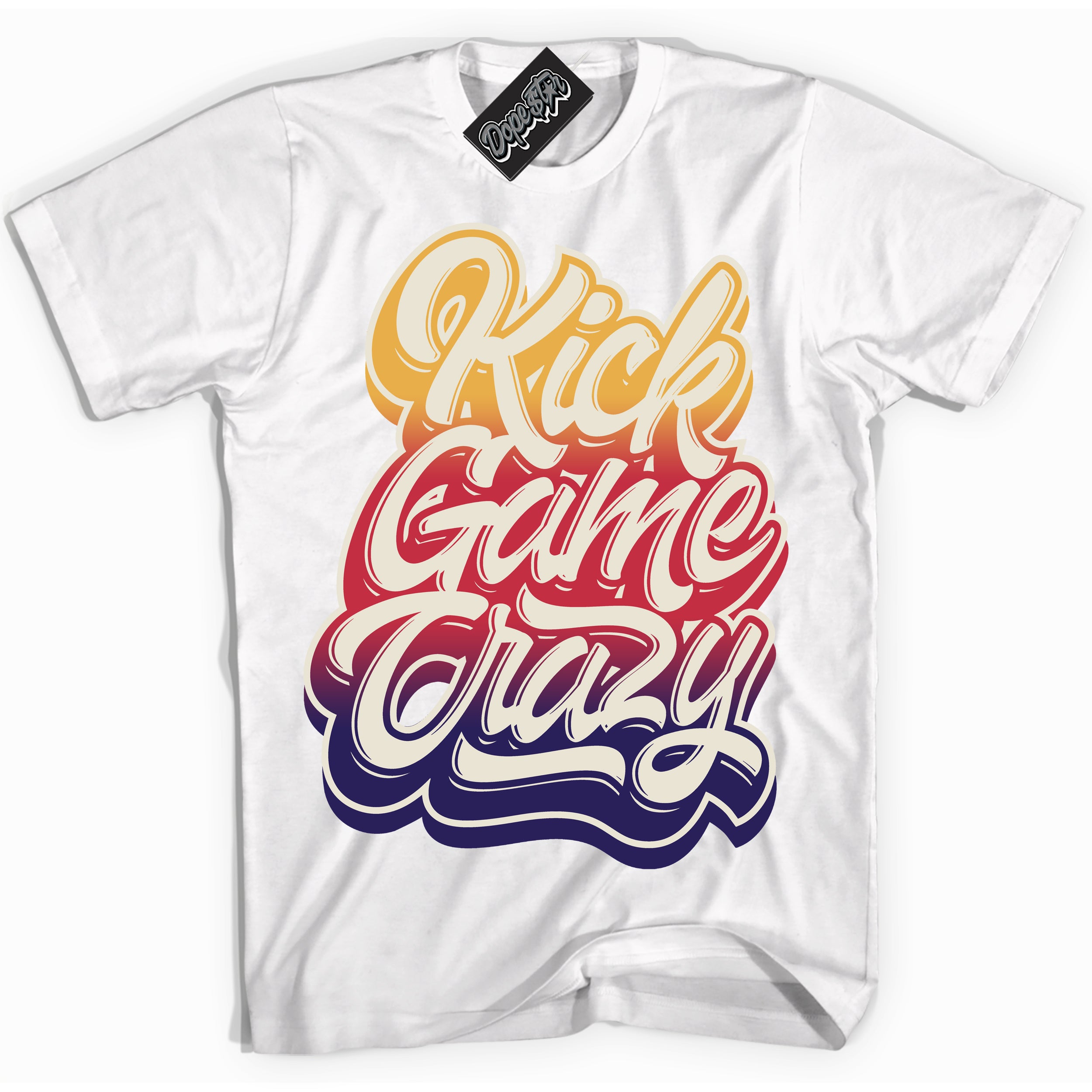 Cool White Shirt with “ Kick Game Crazy” design that perfectly matches J Balvin Sunset 3s Jordans.