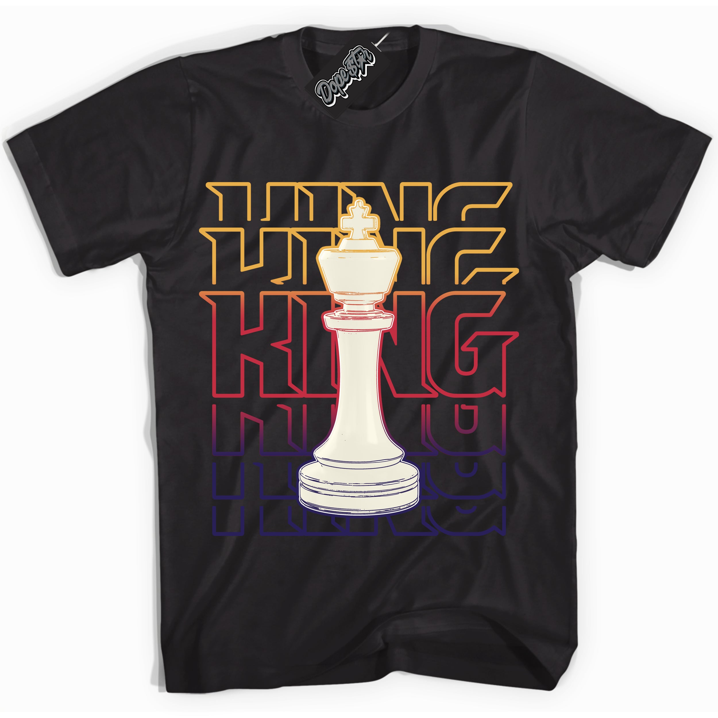 Cool Black Shirt with “ King Chess” design that perfectly matches J Balvin Sunset 3s Jordans.