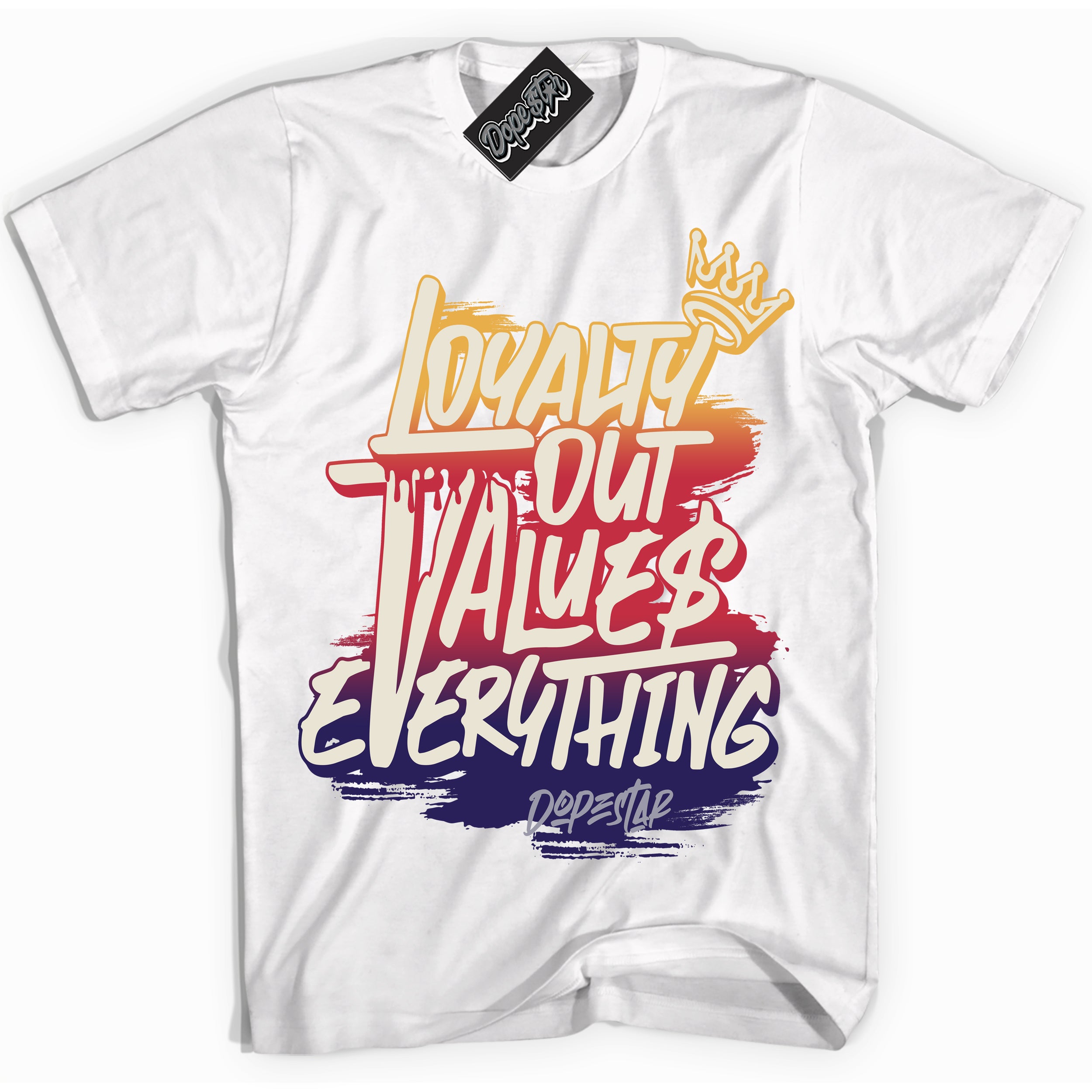 Cool White Shirt with “ Loyalty Out Values Everything” design that perfectly matches J Balvin Sunset 3s Jordans.