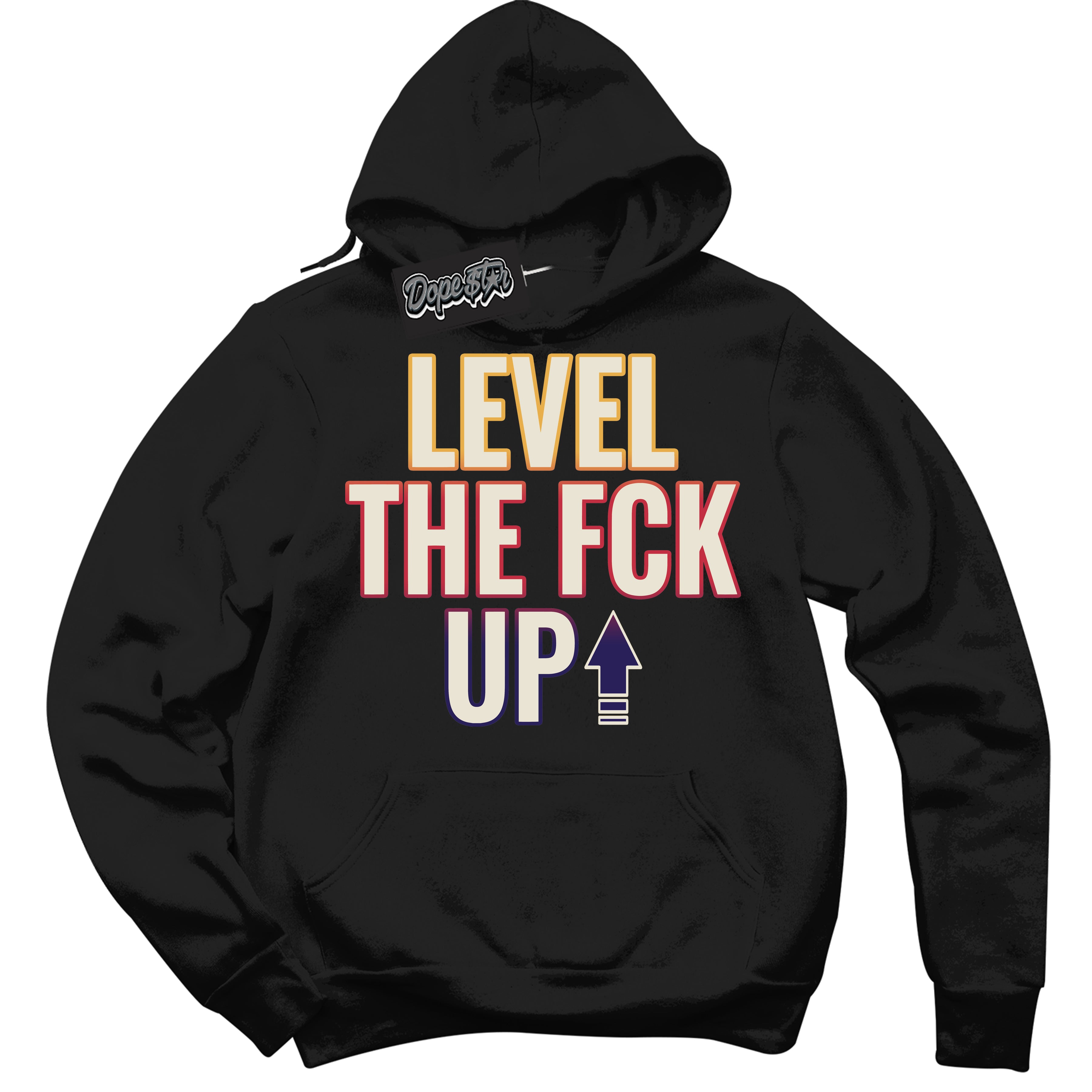 Cool Black Hoodie with “ Level The Fck Up ”  design that Perfectly Matches J Balvin Sunset 3s Jordans.