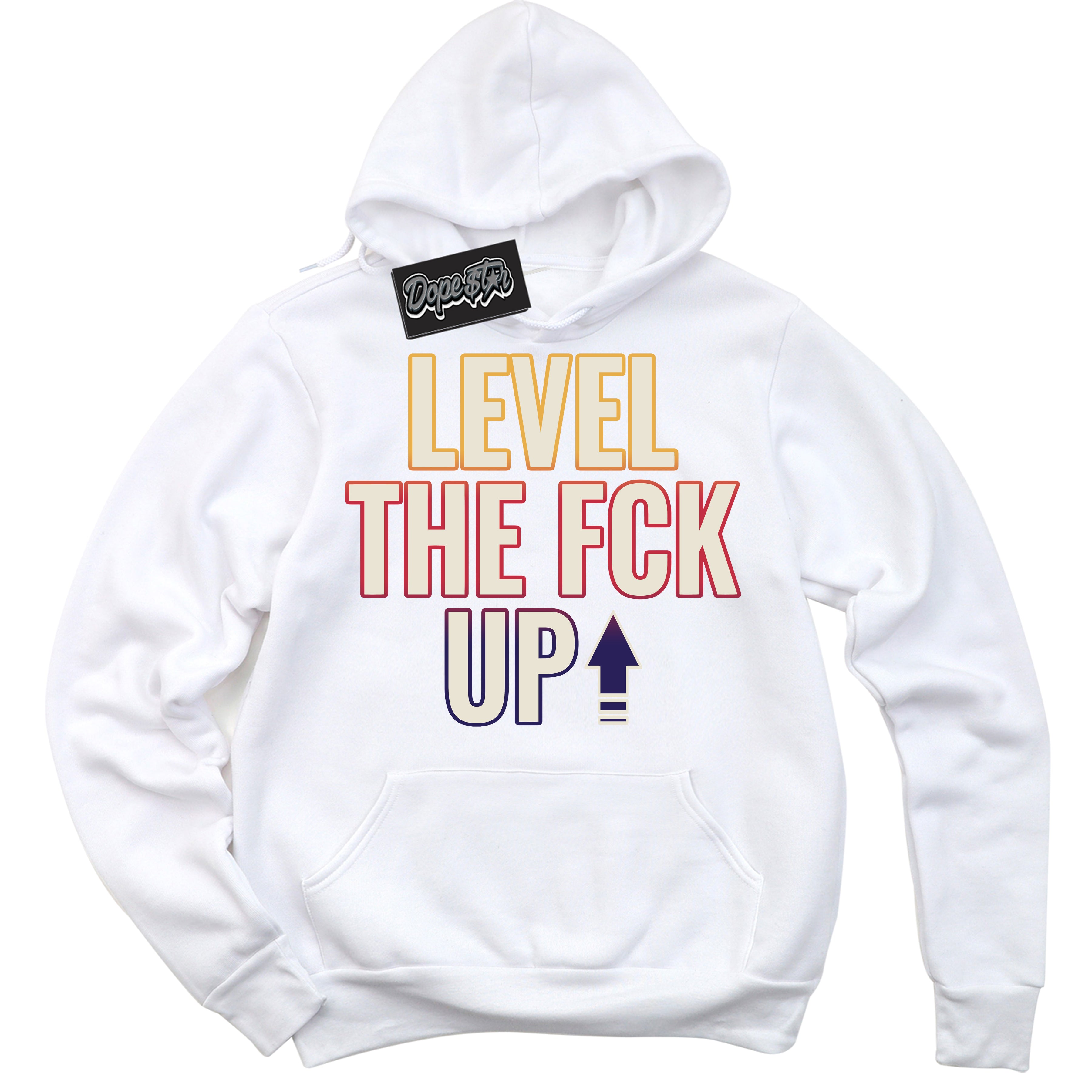 Cool White Hoodie with “ Level The Fck Up ”  design that Perfectly Matches J Balvin Sunset 3s Jordans.