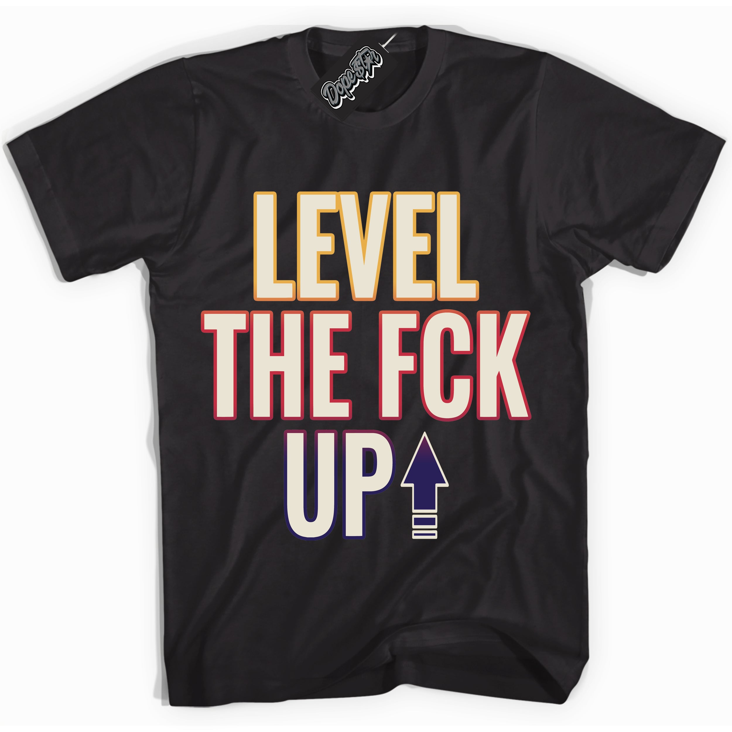 Cool Black Shirt with “ Level The Fck Up” design that perfectly matches J Balvin Sunset 3s Jordans.