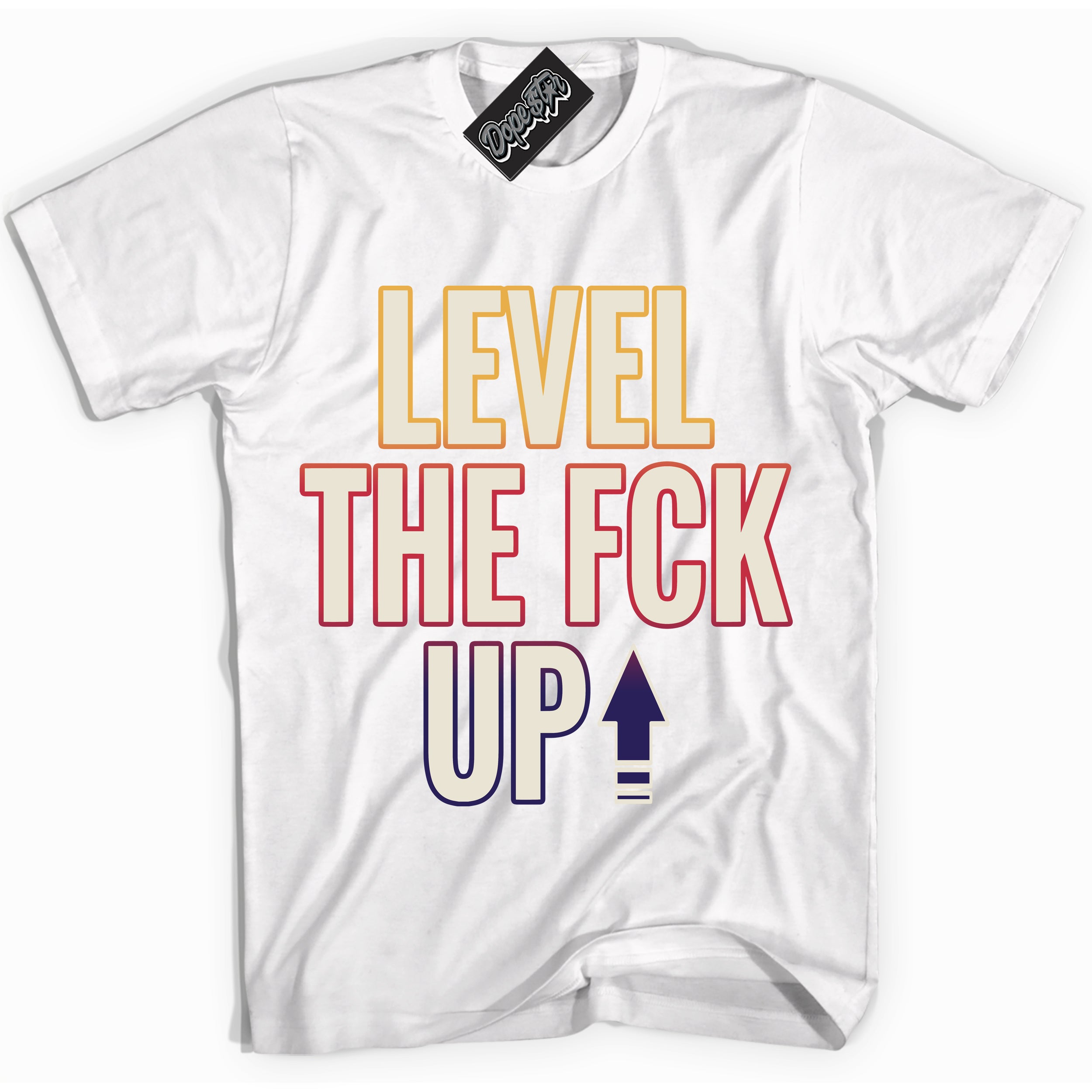 Cool White Shirt with “ Level The Fck Up” design that perfectly matches J Balvin Sunset 3s Jordans.